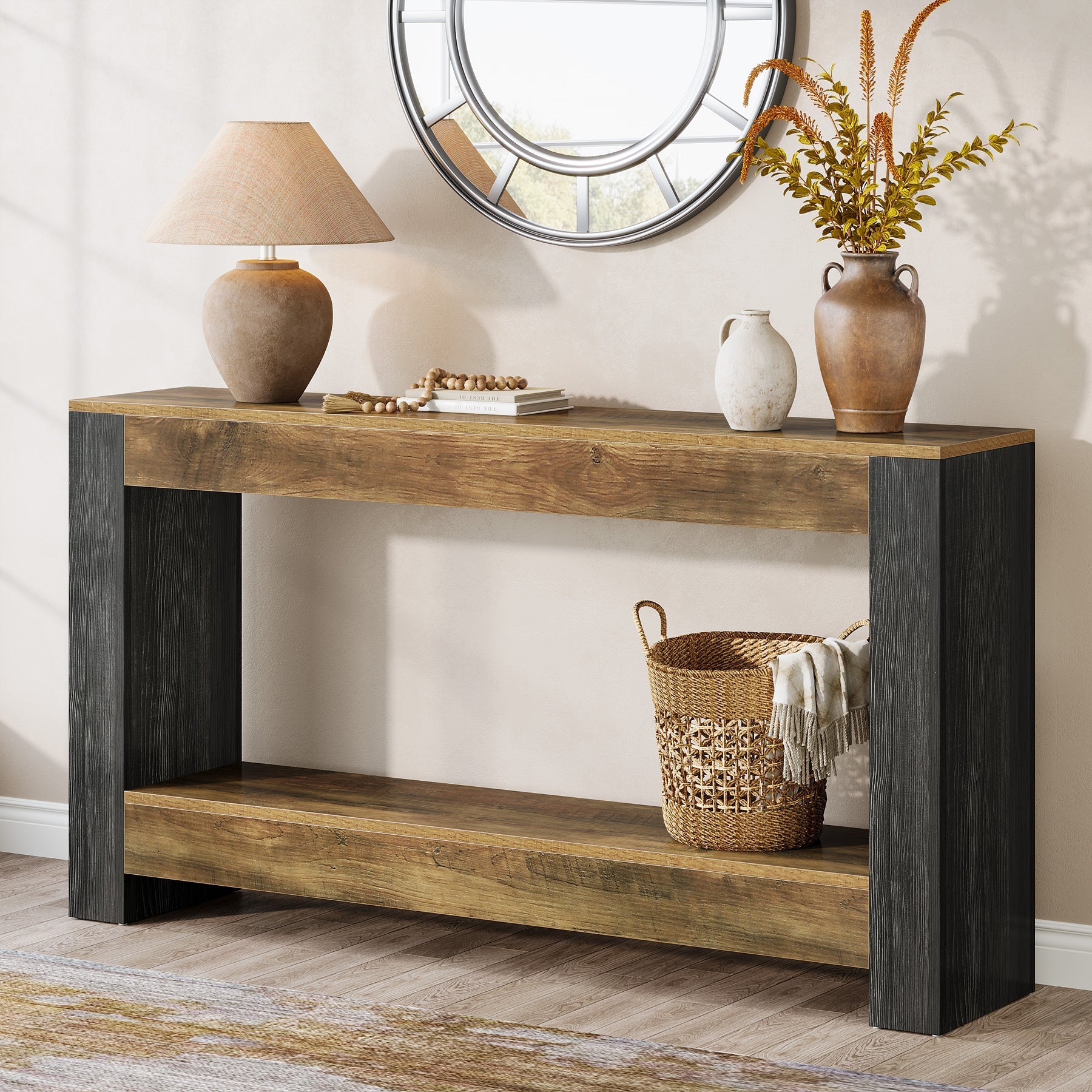 160 cm Console Table, Farmhouse Wood Sofa Table Behind Couch