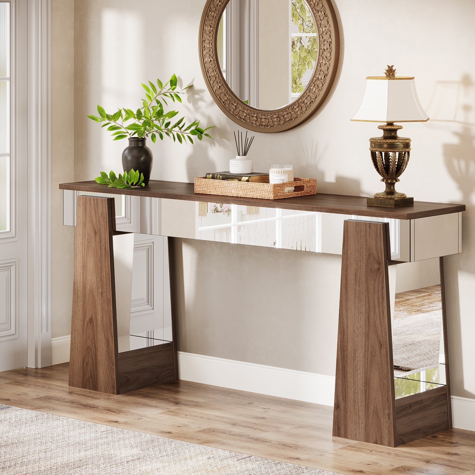 160 cm Console Table, Mirrored Entrance Table with Thickened Legs