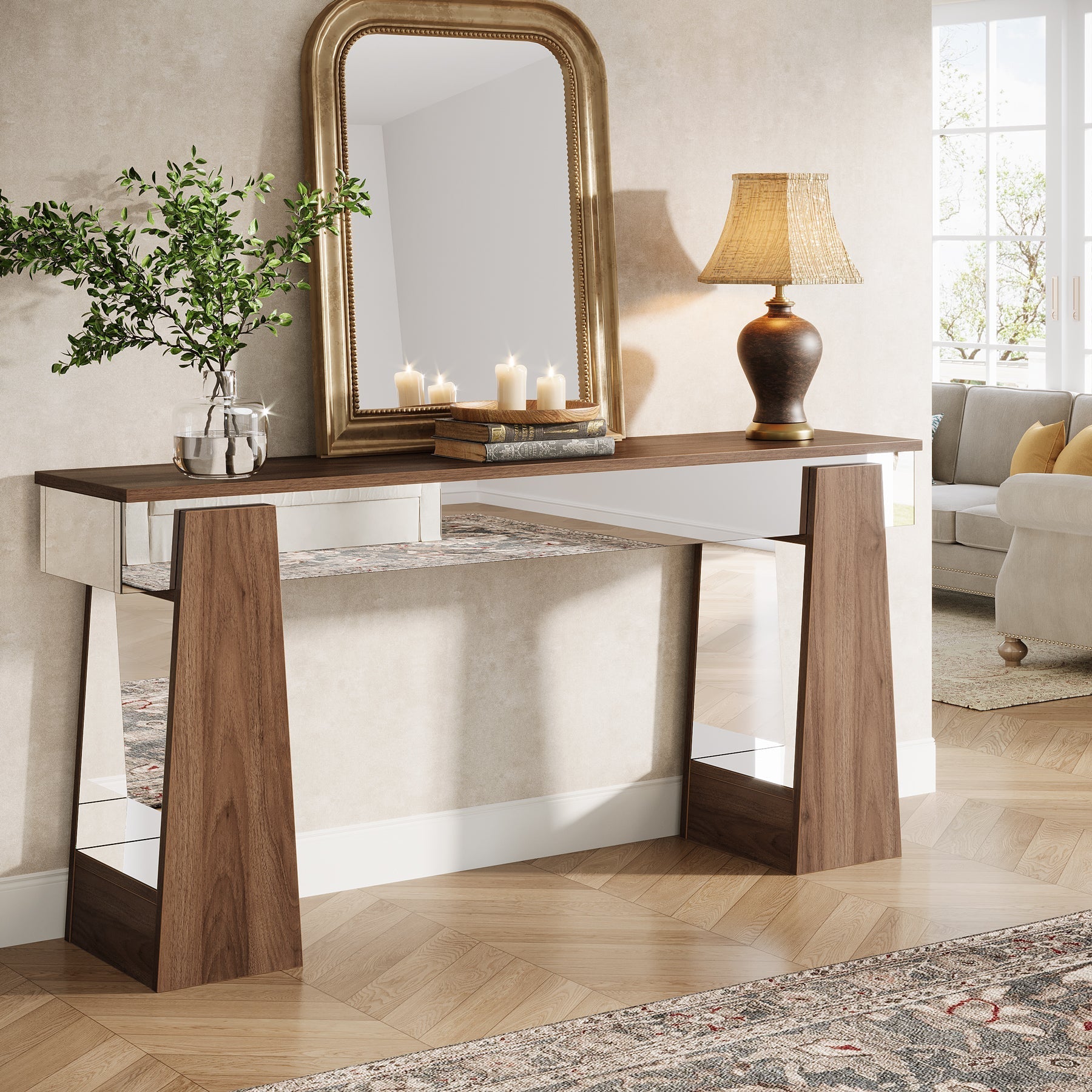 160 cm Console Table, Mirrored Entrance Table with Thickened Legs