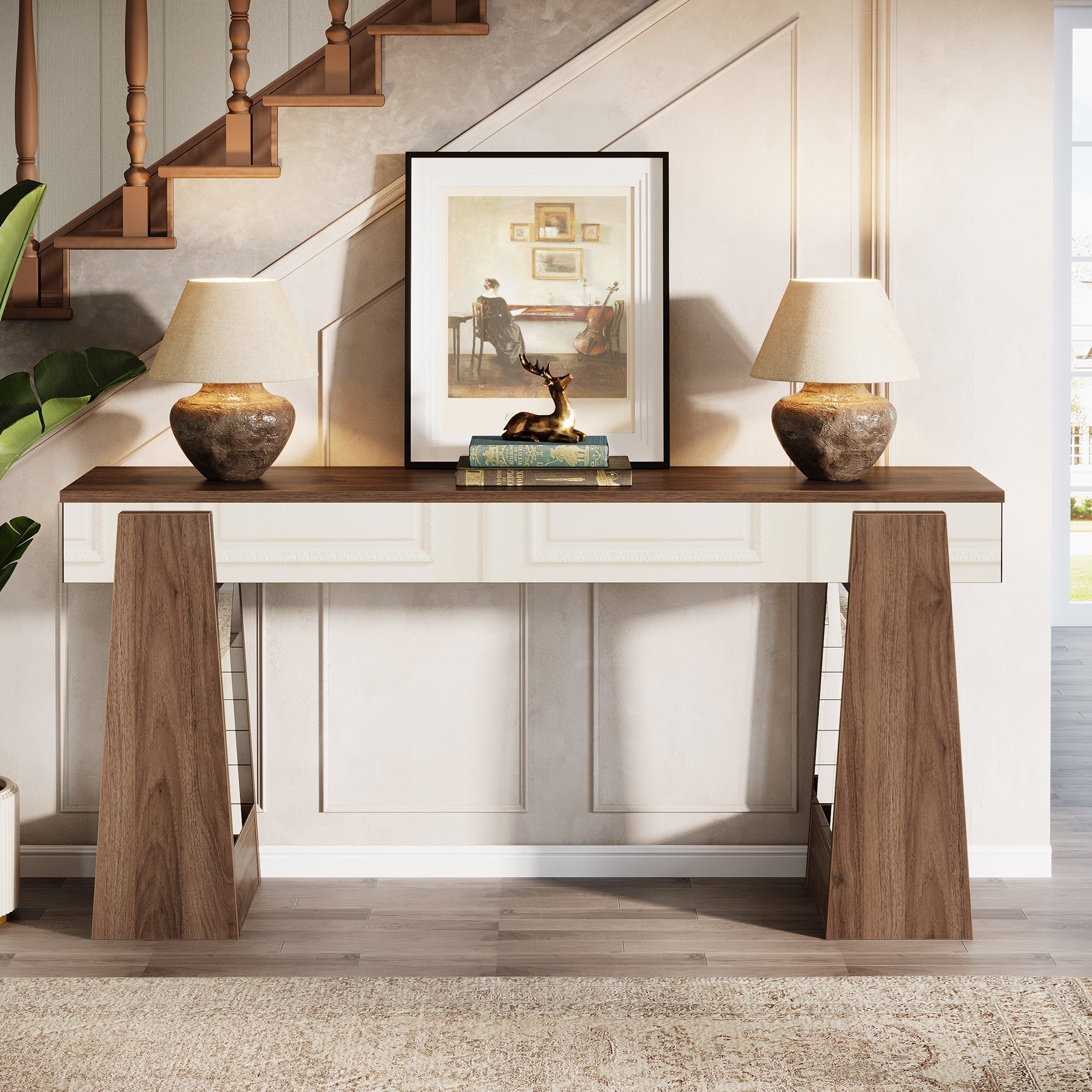 160 cm Console Table, Mirrored Entrance Table with Thickened Legs