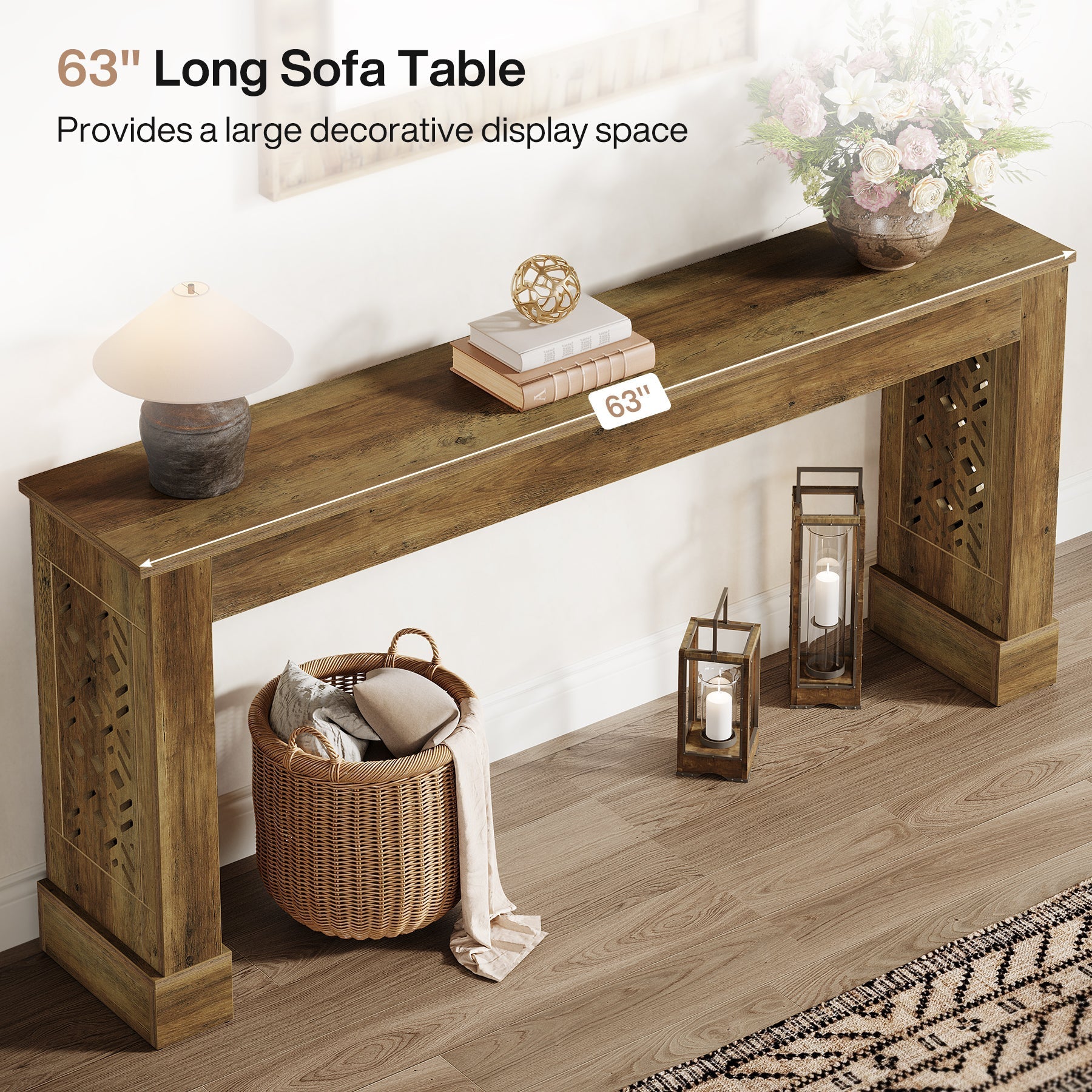 160 cm Console Table, Wood Sofa Table Entryway Table with Hollow Pattern Legs