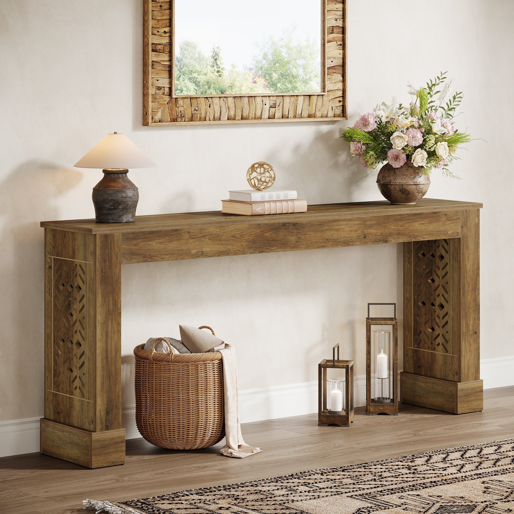 160 cm Console Table, Wood Sofa Table Entryway Table with Hollow Pattern Legs