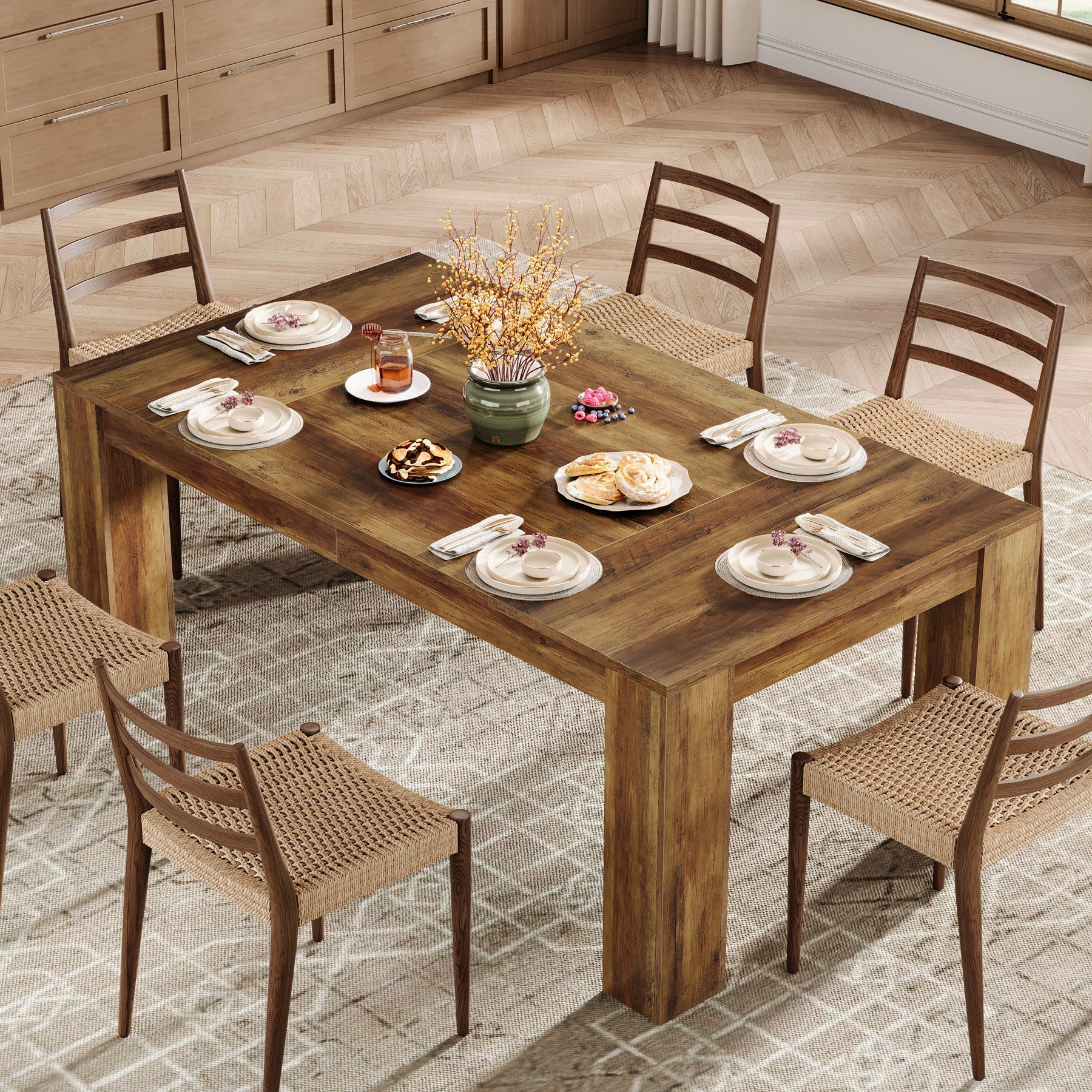 160 cm Dining Table, Farmhouse Kitchen Dinner Table for 4-6 People