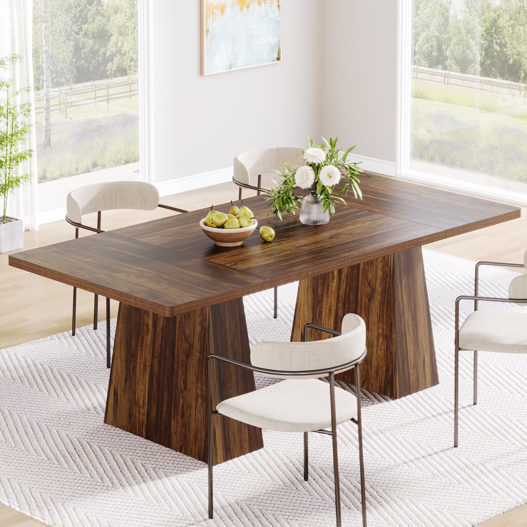 160 cm Dining Table, Farmhouse Wood Kitchen Table for 6 People