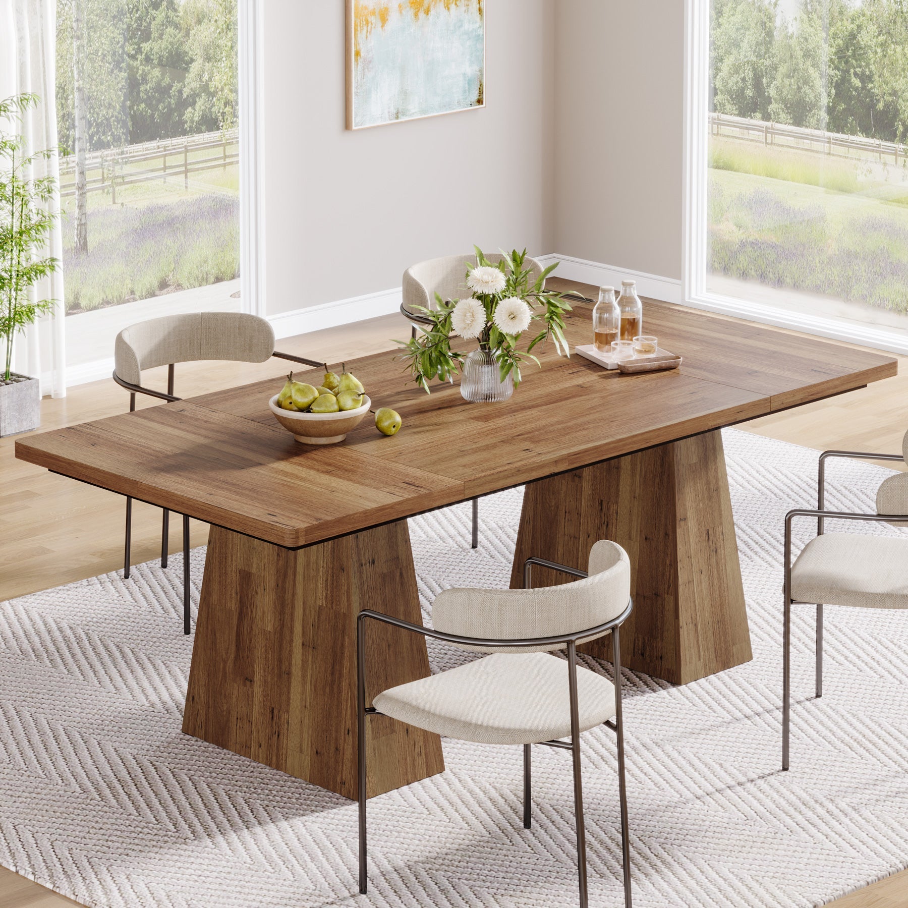 160 cm Dining Table, Farmhouse Wood Kitchen Table for 6 People