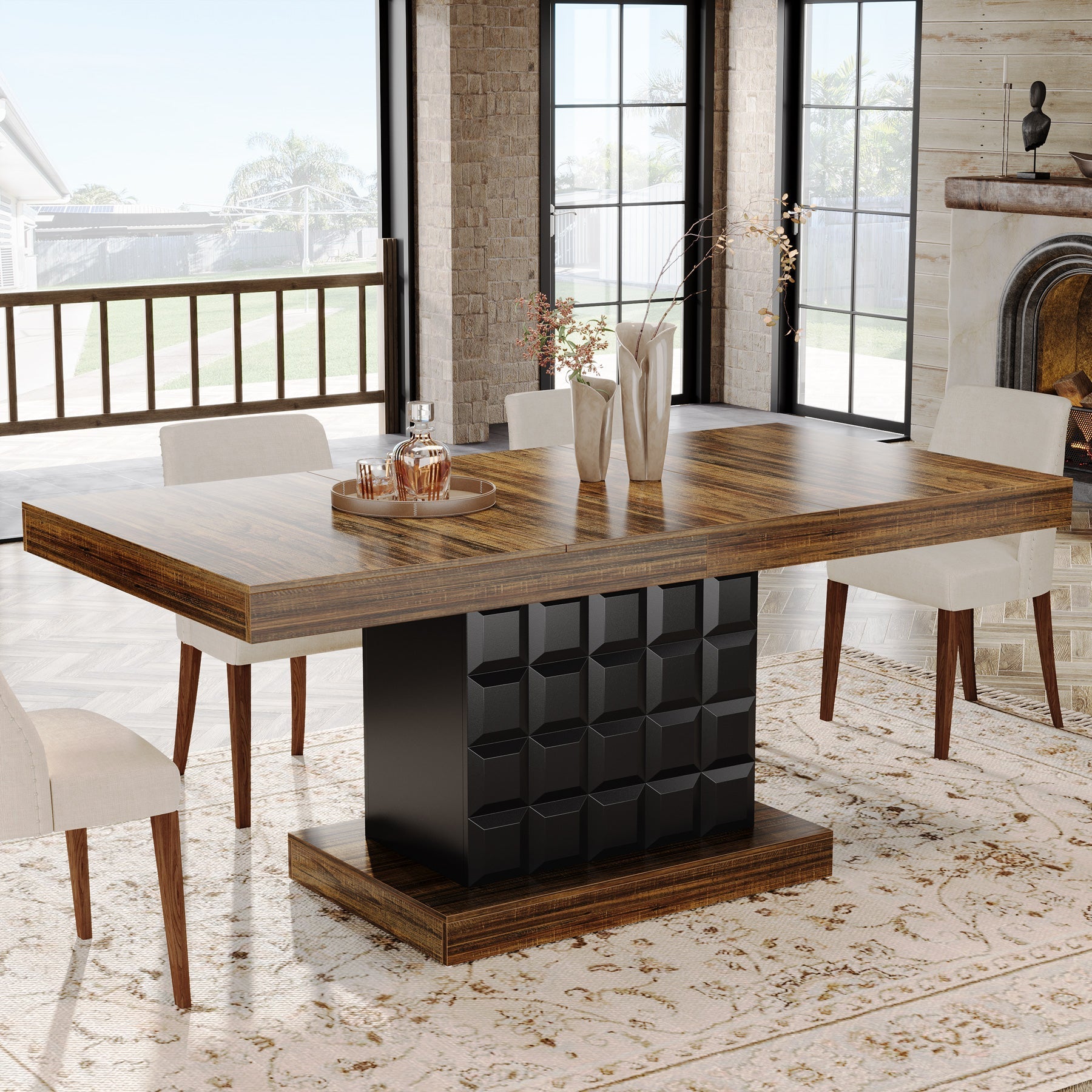 160 cm Dining Table, Rectangular Kitchen Table with Geometric Relief for 4-6