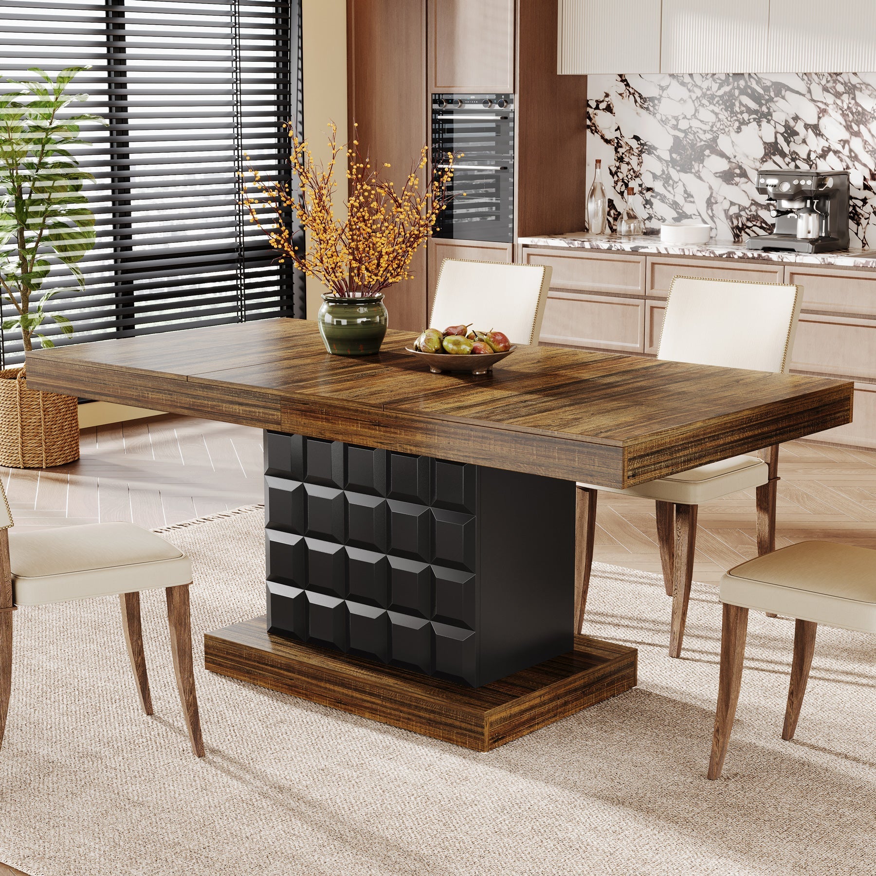 160 cm Dining Table, Rectangular Kitchen Table with Geometric Relief for 4-6