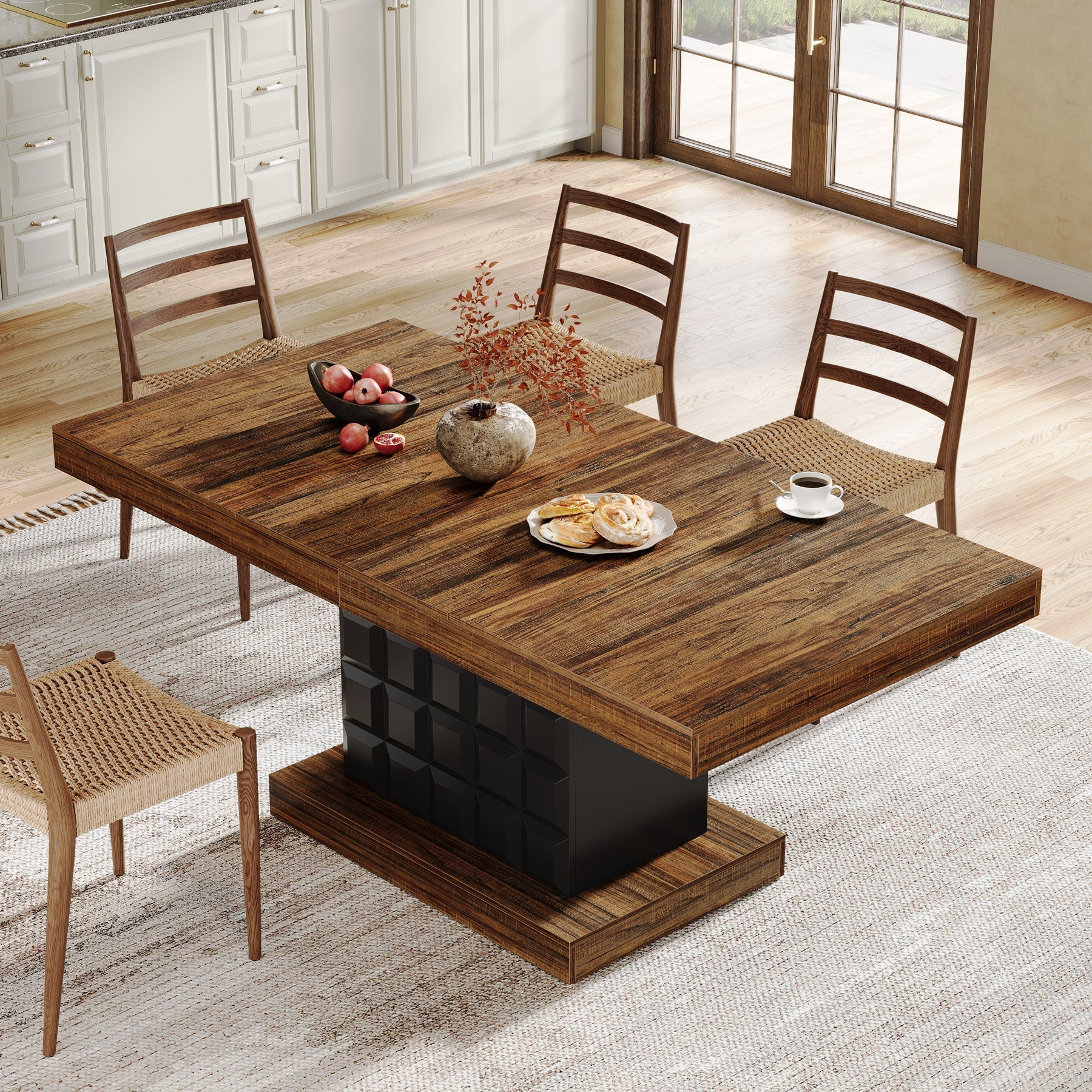 160 cm Dining Table, Rectangular Kitchen Table with Geometric Relief for 4-6