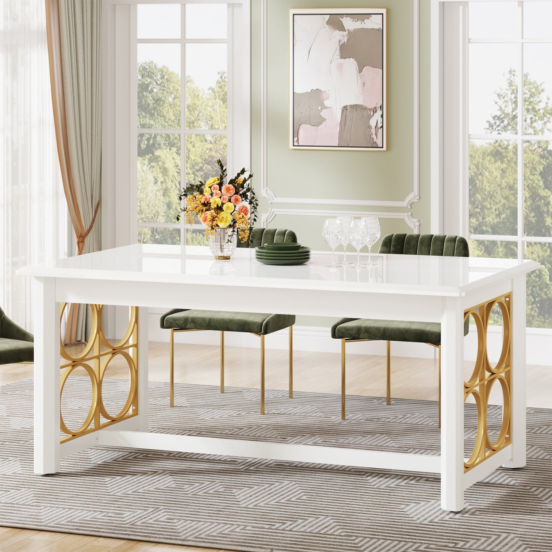 160 cm Dining Table with Gold Metal & Glossy Surface for 4-6 People