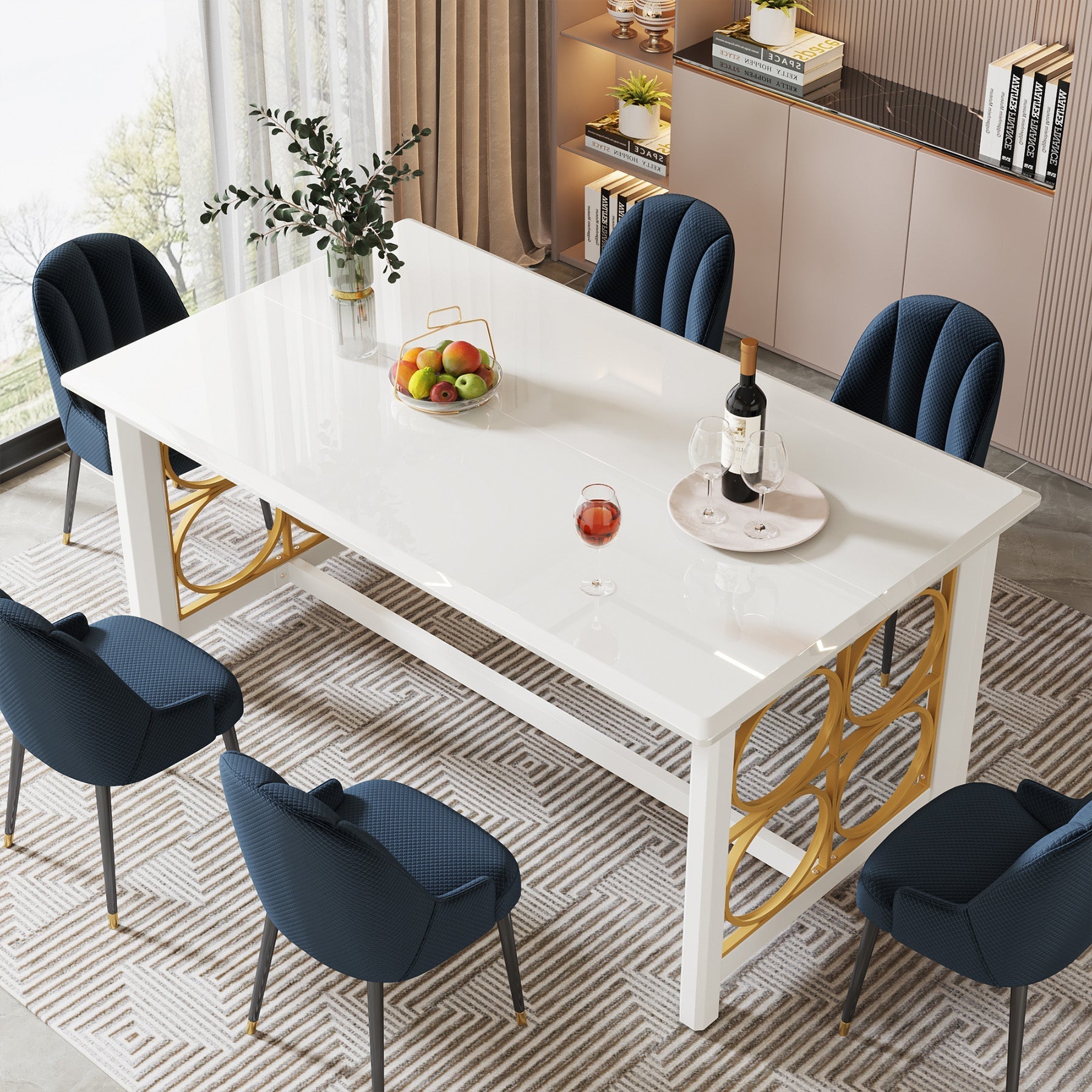 160 cm Dining Table with Gold Metal & Glossy Surface for 4-6 People