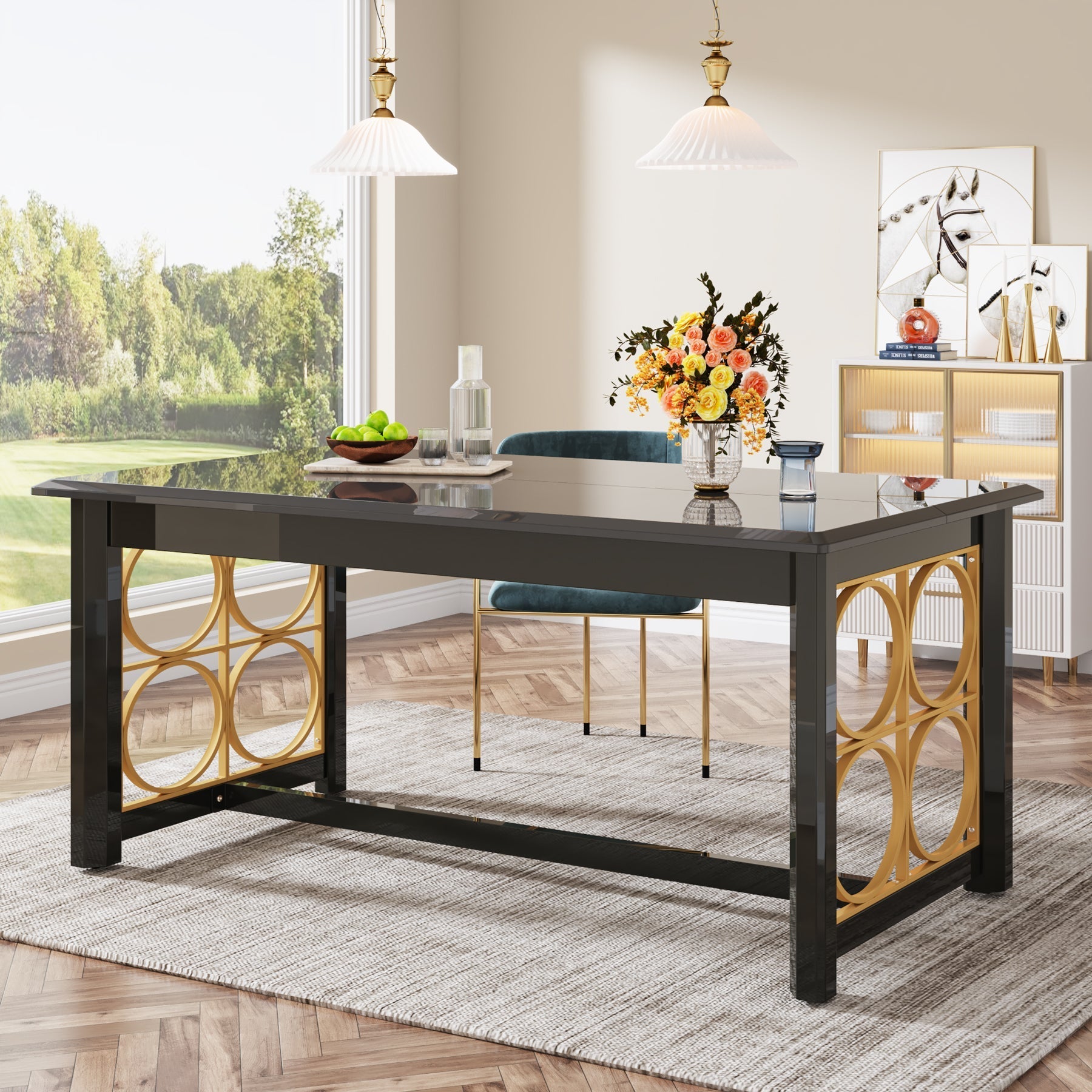 160 cm Dining Table with Gold Metal & Glossy Surface for 4-6 People