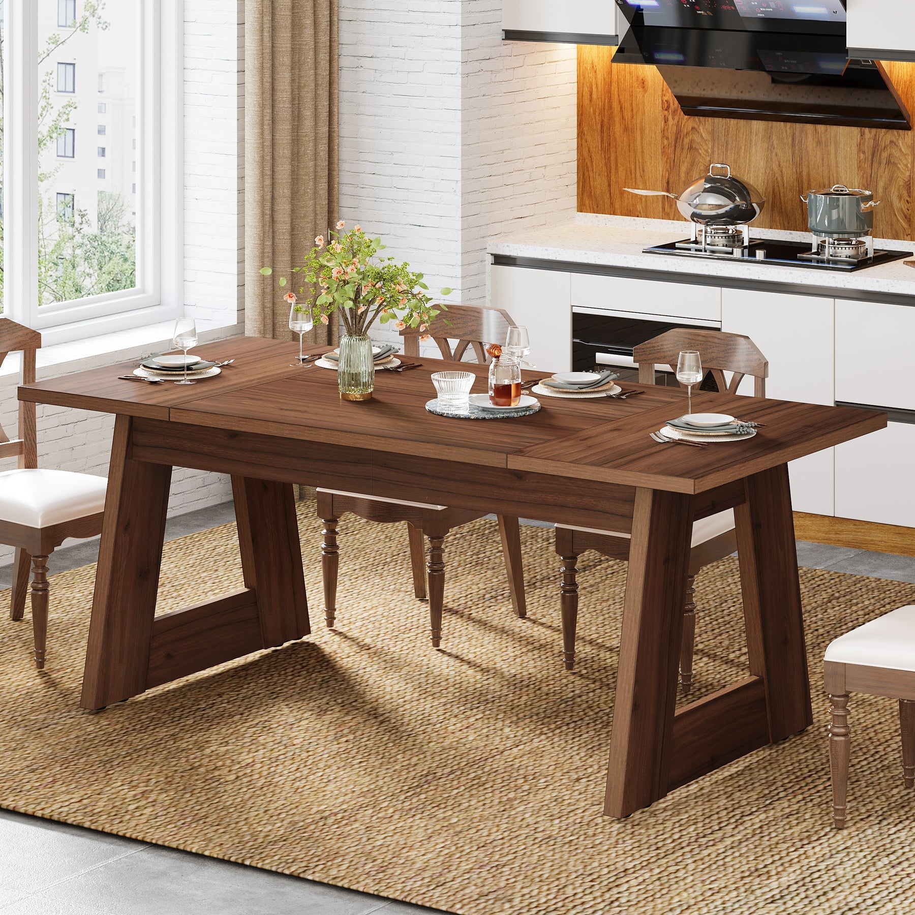 160 cm Dining Table, Wood Farmhouse Kitchen Table for 4-6