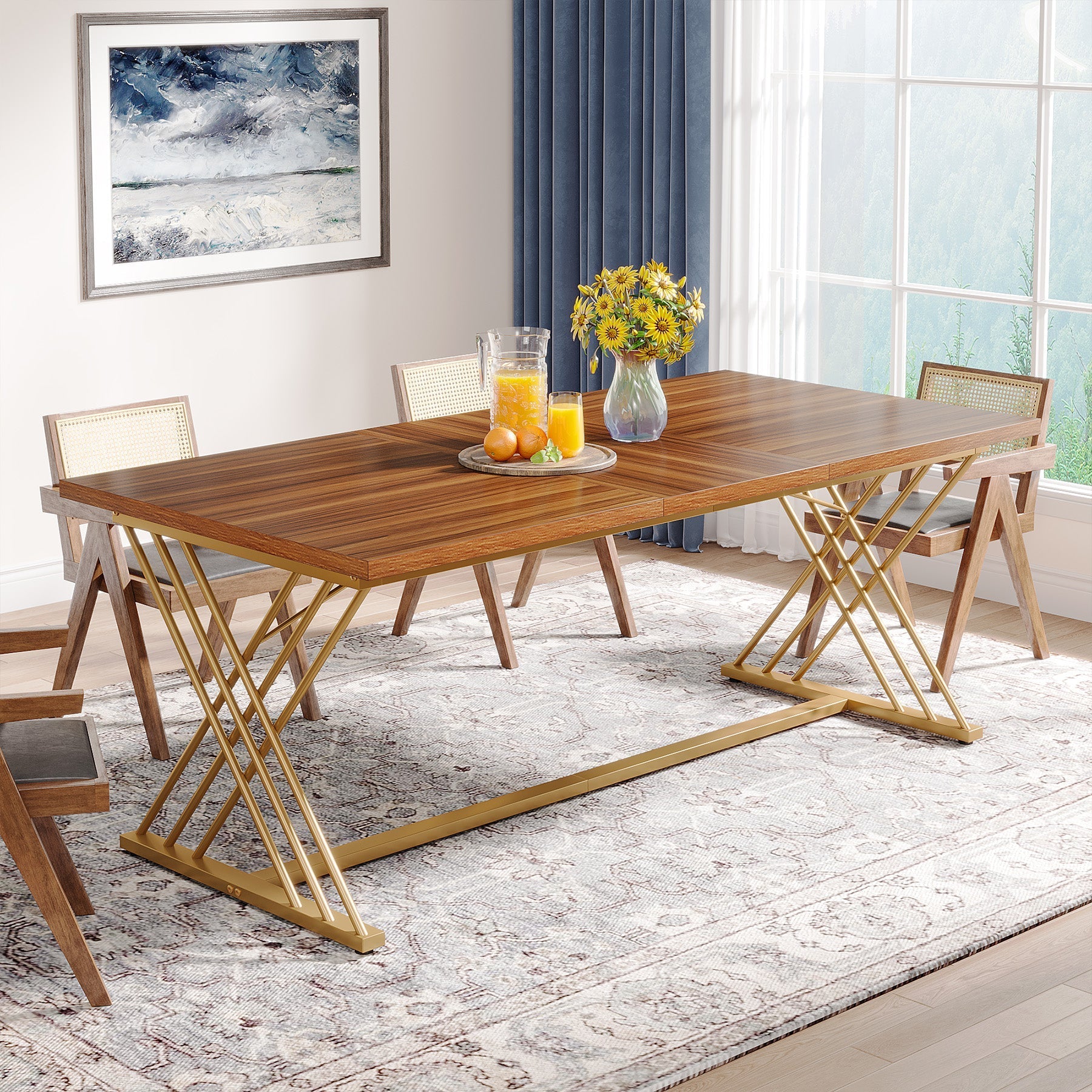 160 cm Dining Table Wood Kitchen Dinner Table with Metal Frame