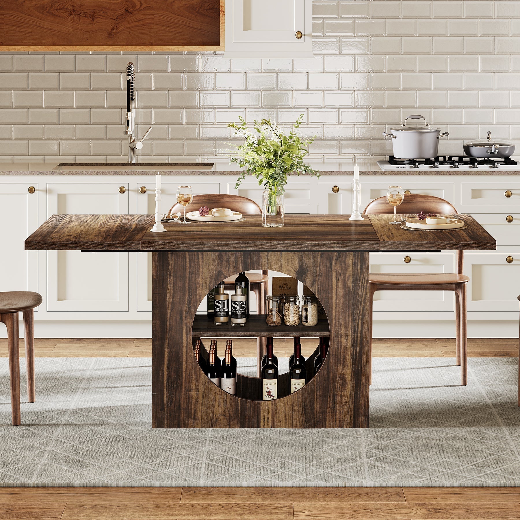 160 cm Dining Table, Wood Kitchen Table with Storage for 4-6