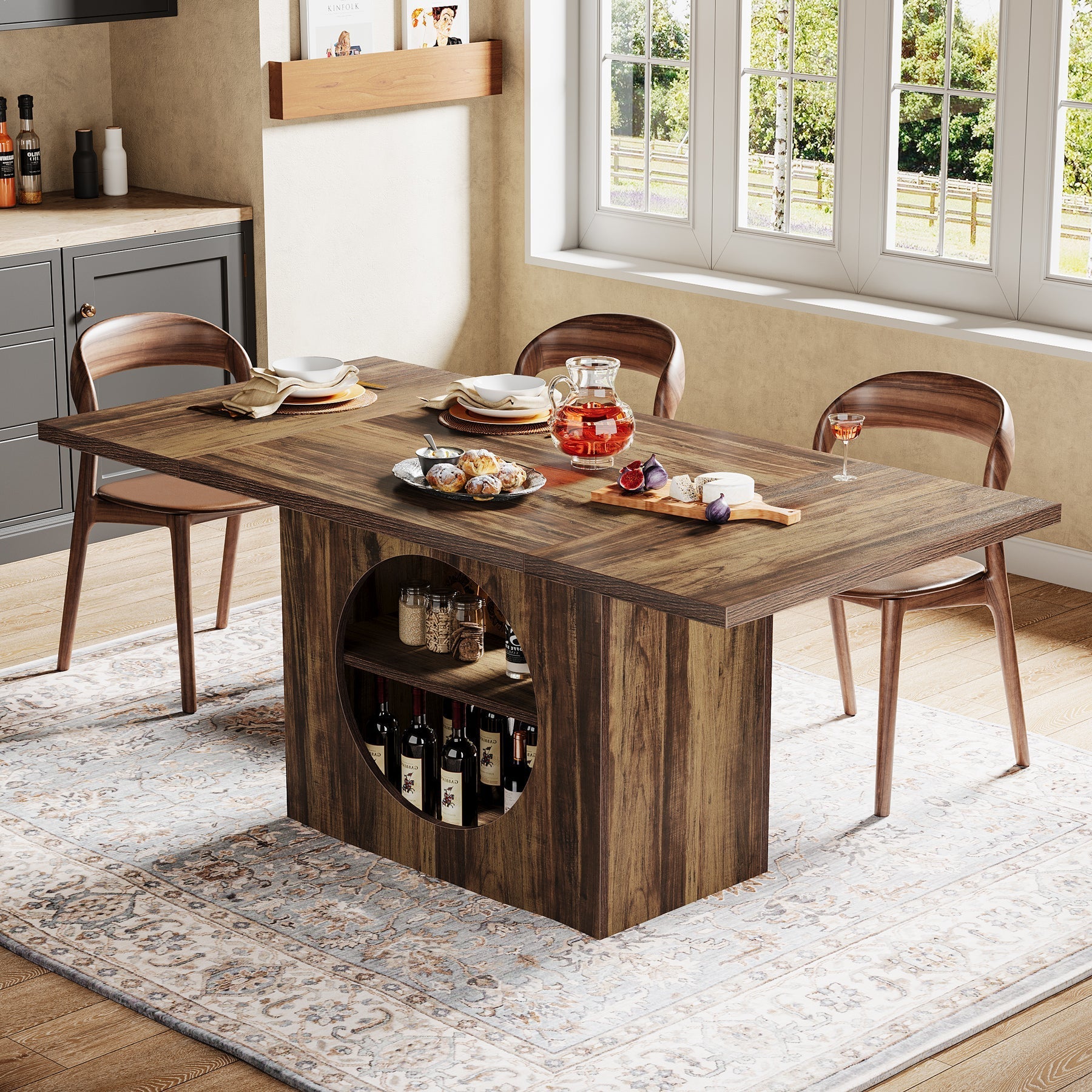 160 cm Dining Table, Wood Kitchen Table with Storage for 4-6