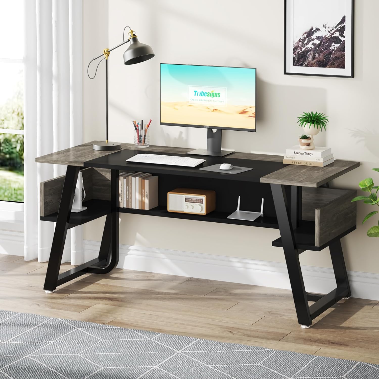 160 cm Executive Desk Computer Office Desk with Storage Shelf