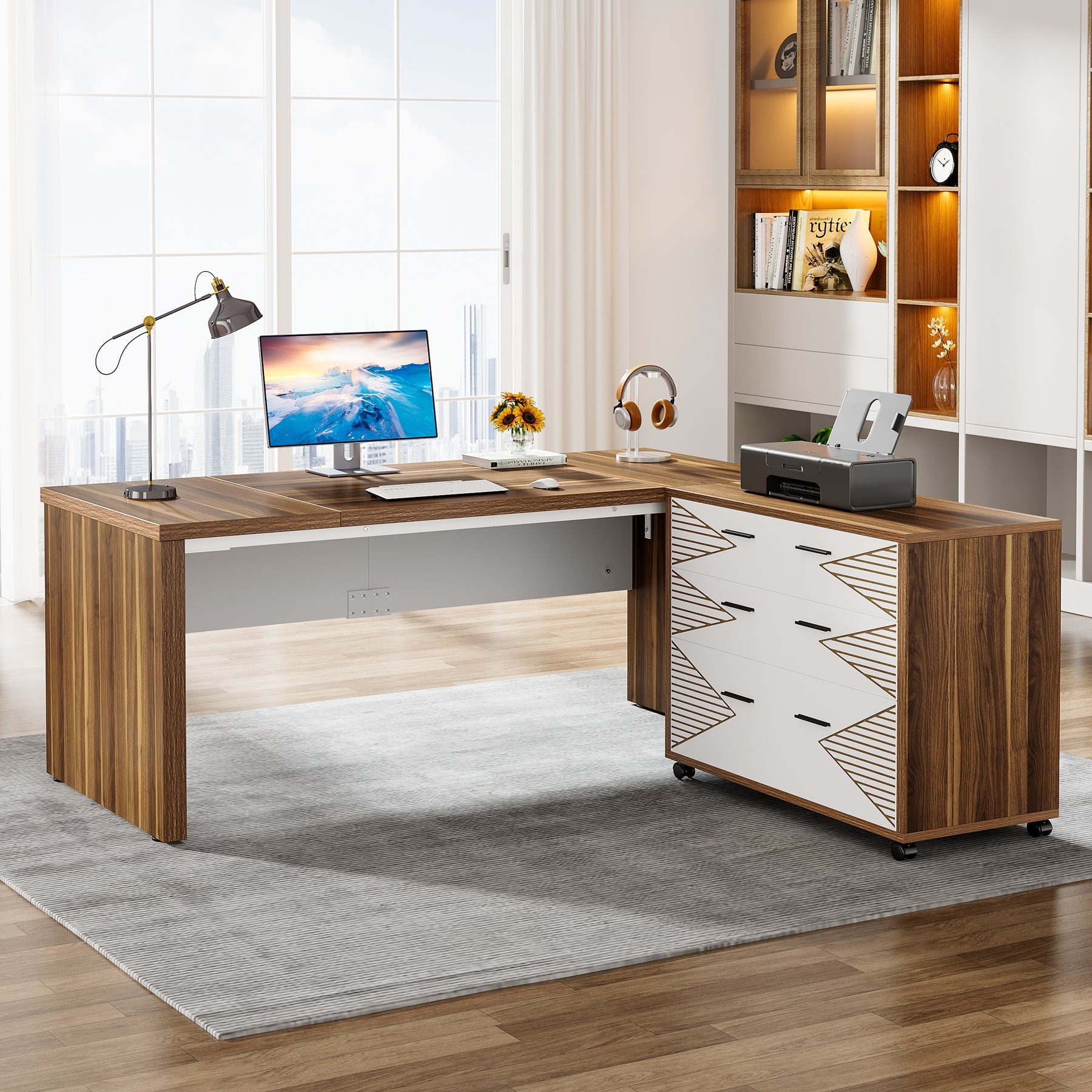 160 cm Executive Desk, L Shaped Computer Desk with Storage Cabinet and Drawers