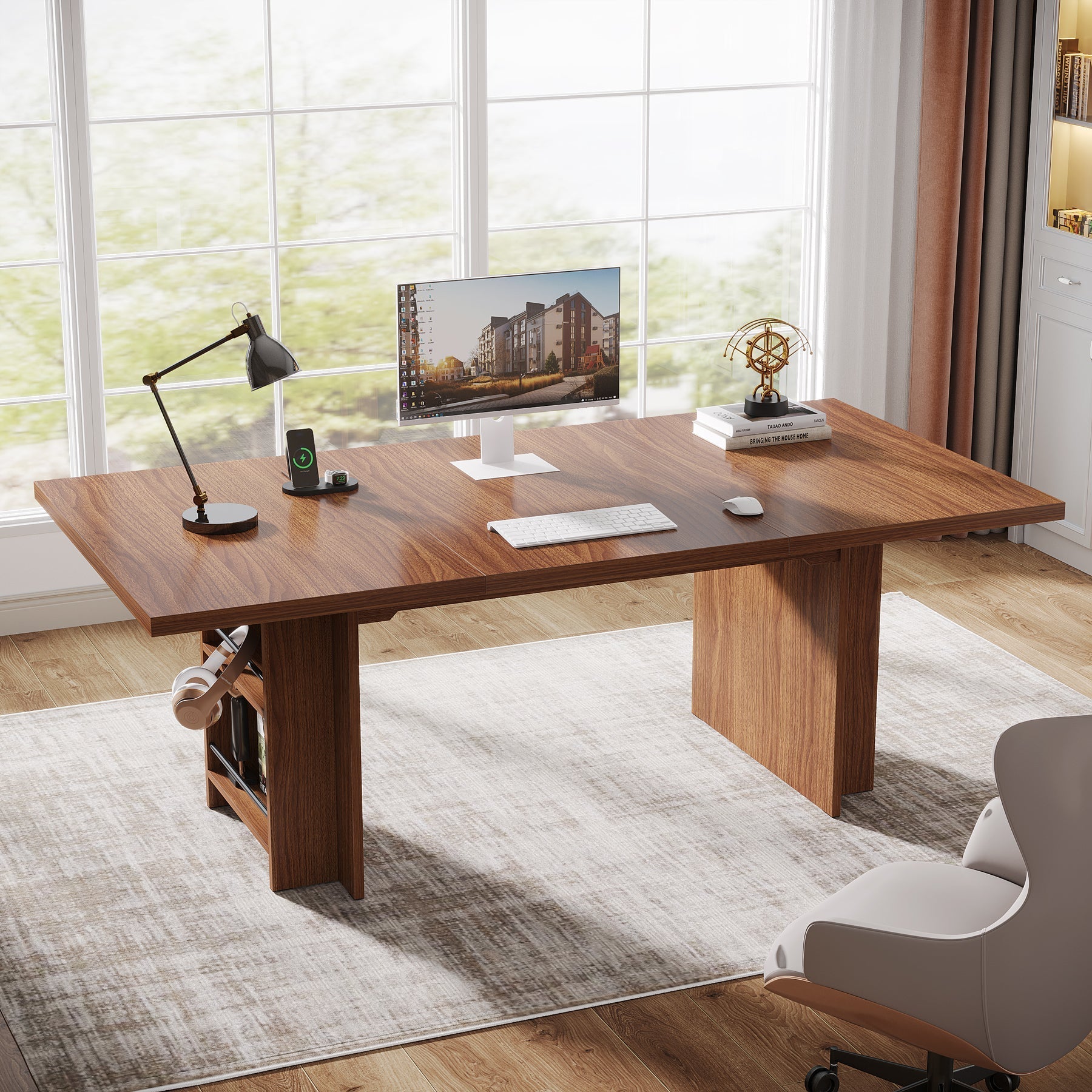 160 cm Executive Desk, Large Wood Computer Writing Table with Storage