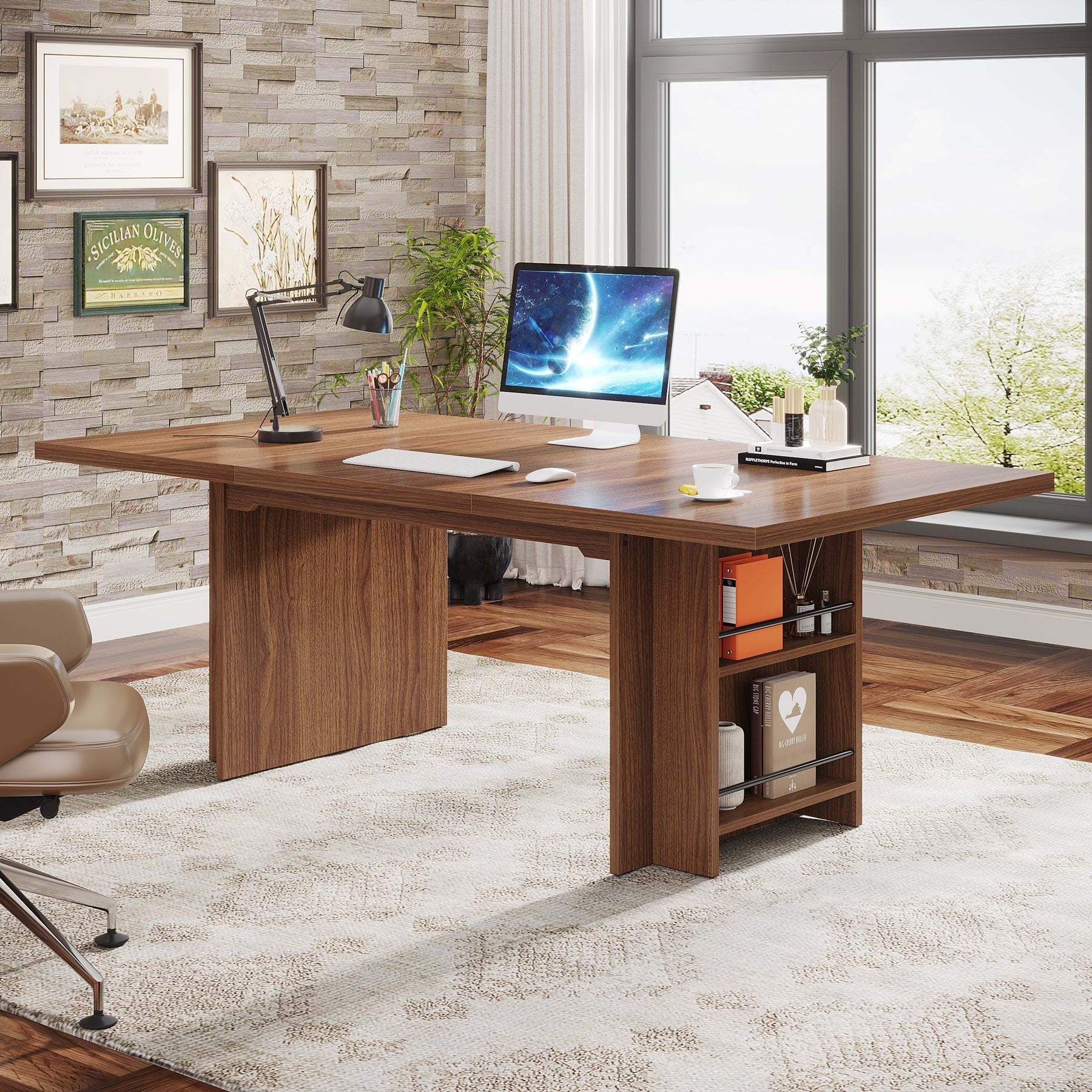 160 cm Executive Desk, Large Wood Computer Writing Table with Storage