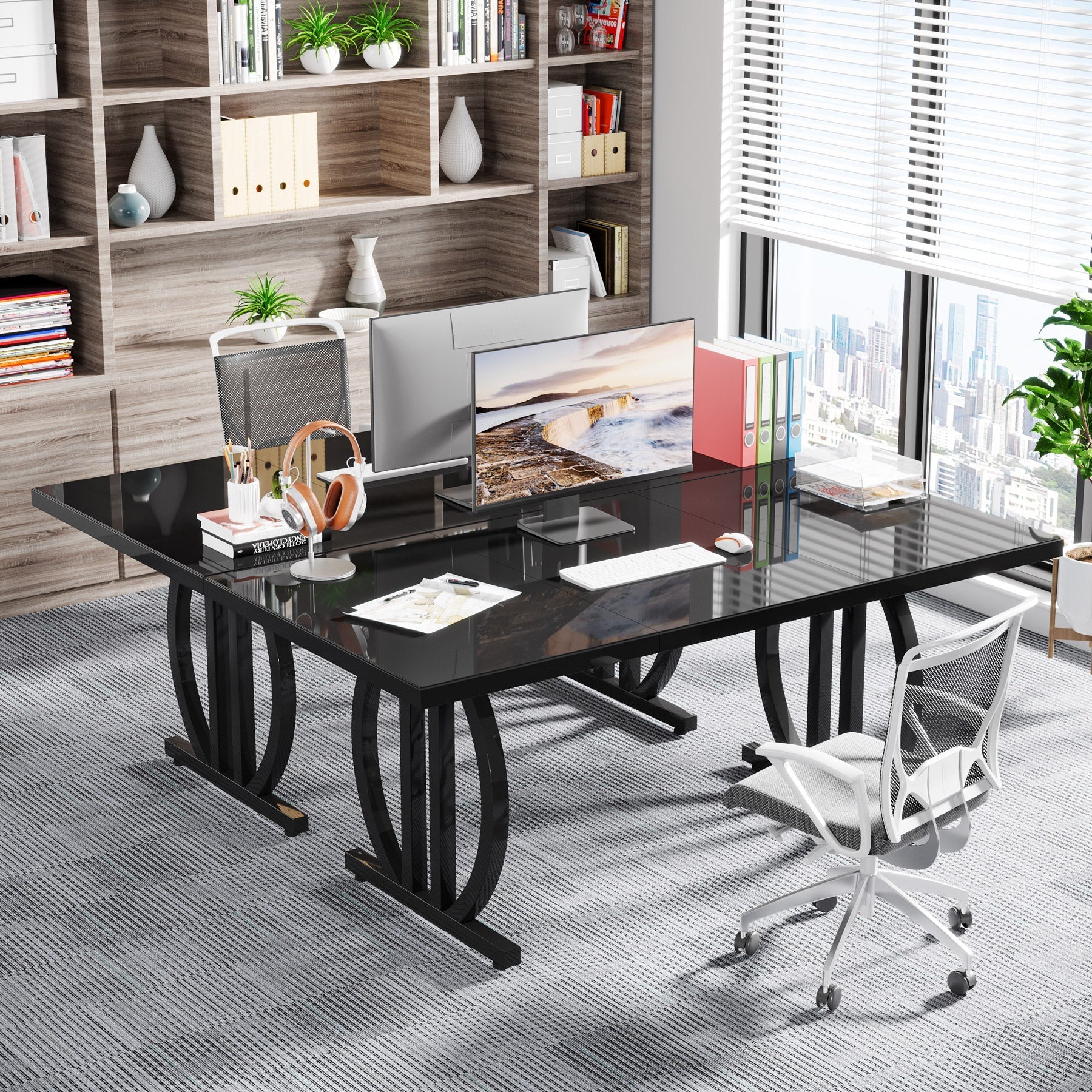 160 cm Executive Desk, Modern Computer Desk with Metal Geometric Base