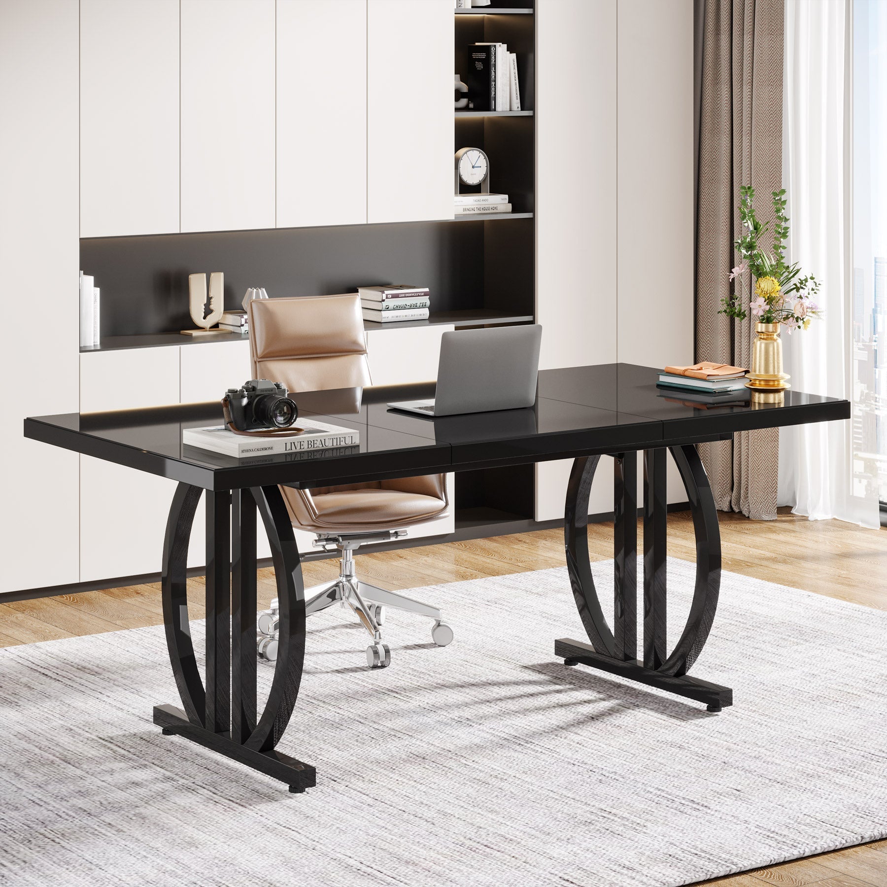 160 cm Executive Desk, Modern Computer Desk with Metal Geometric Base