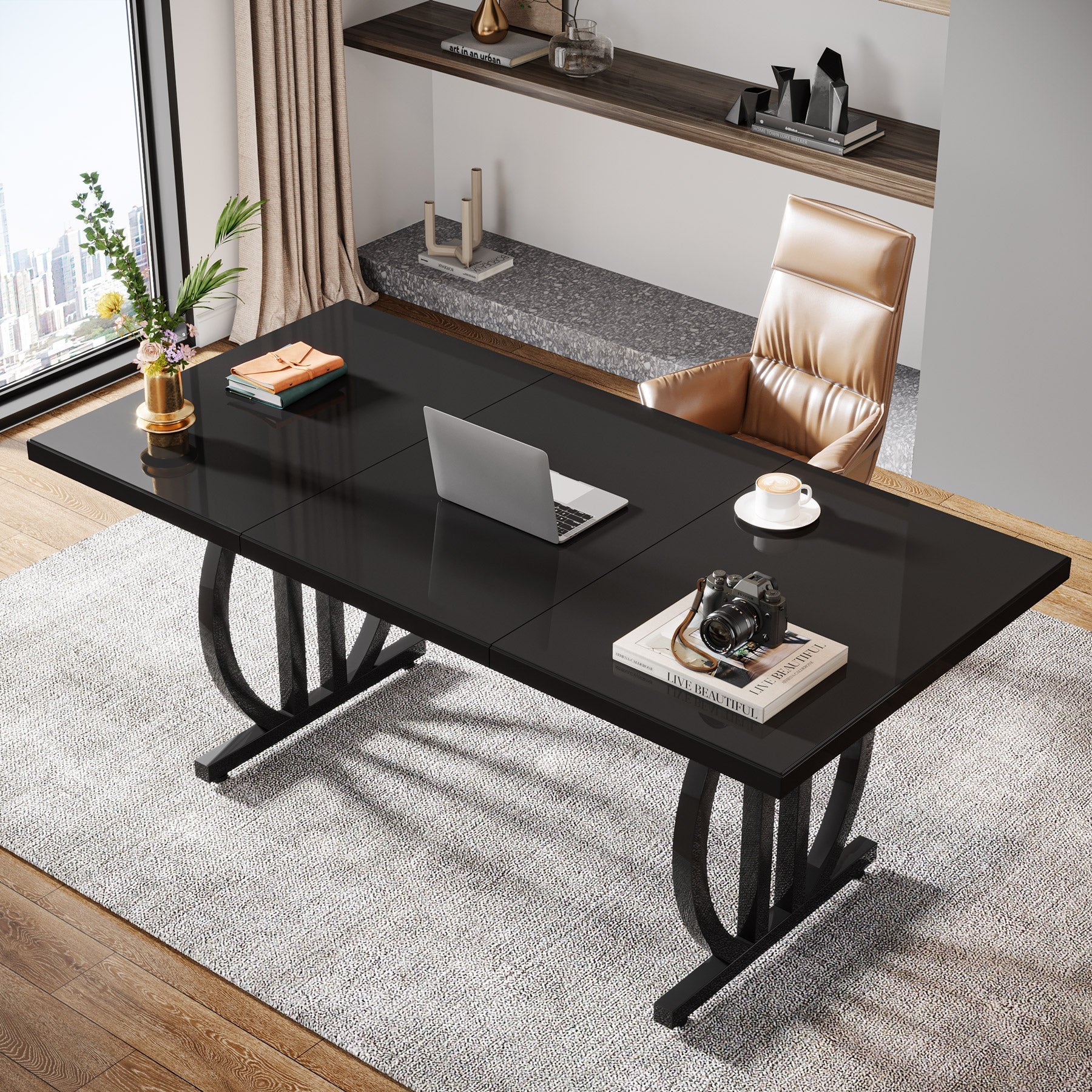 160 cm Executive Desk, Modern Computer Desk with Metal Geometric Base