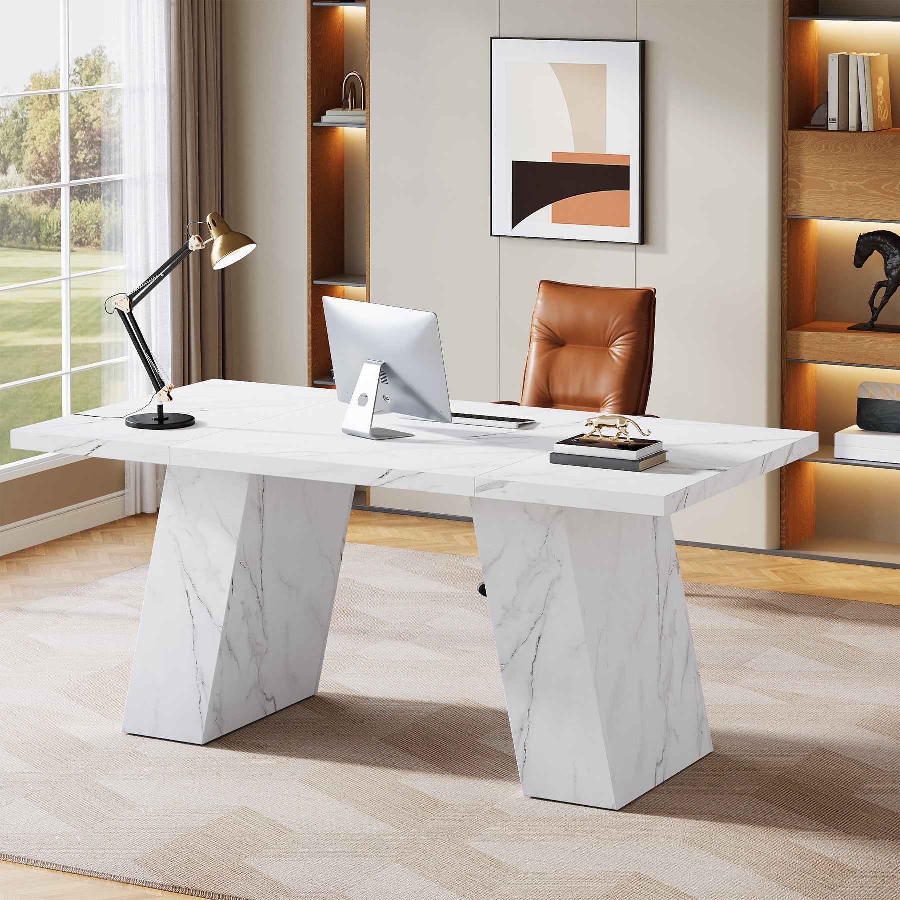 160 cm Executive Desk, Modern Faux Marble Computer Desk