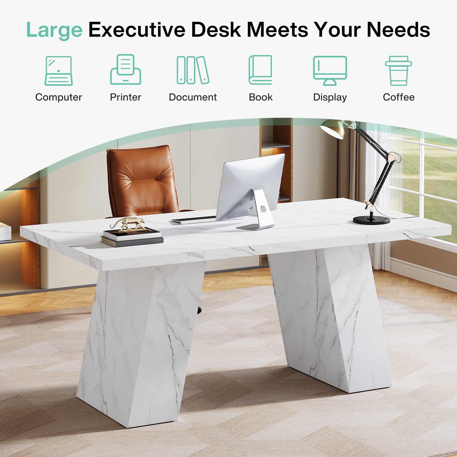 160 cm Executive Desk, Modern Faux Marble Computer Desk