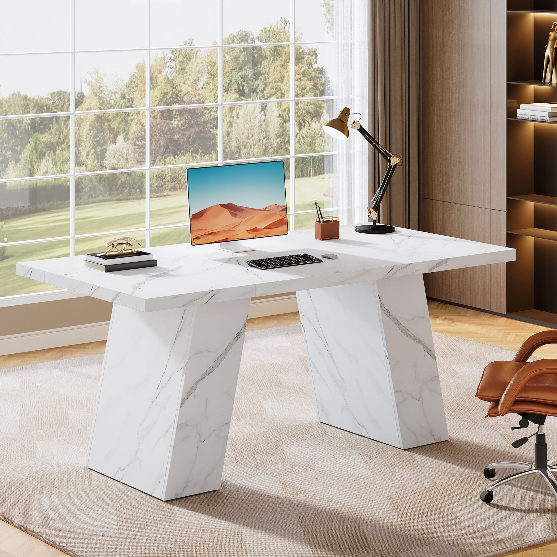 160 cm Executive Desk, Modern Faux Marble Computer Desk