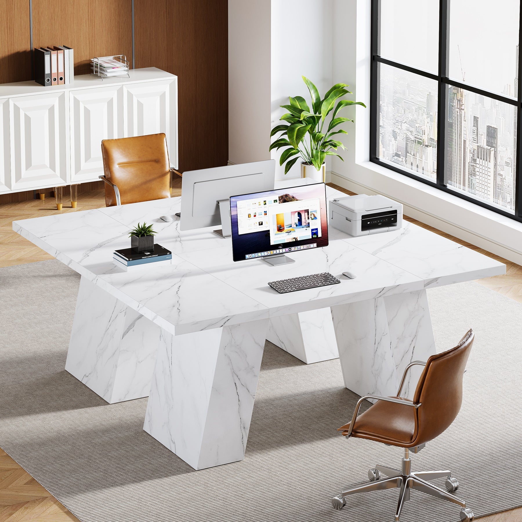 160 cm Executive Desk, Modern Faux Marble Computer Desk