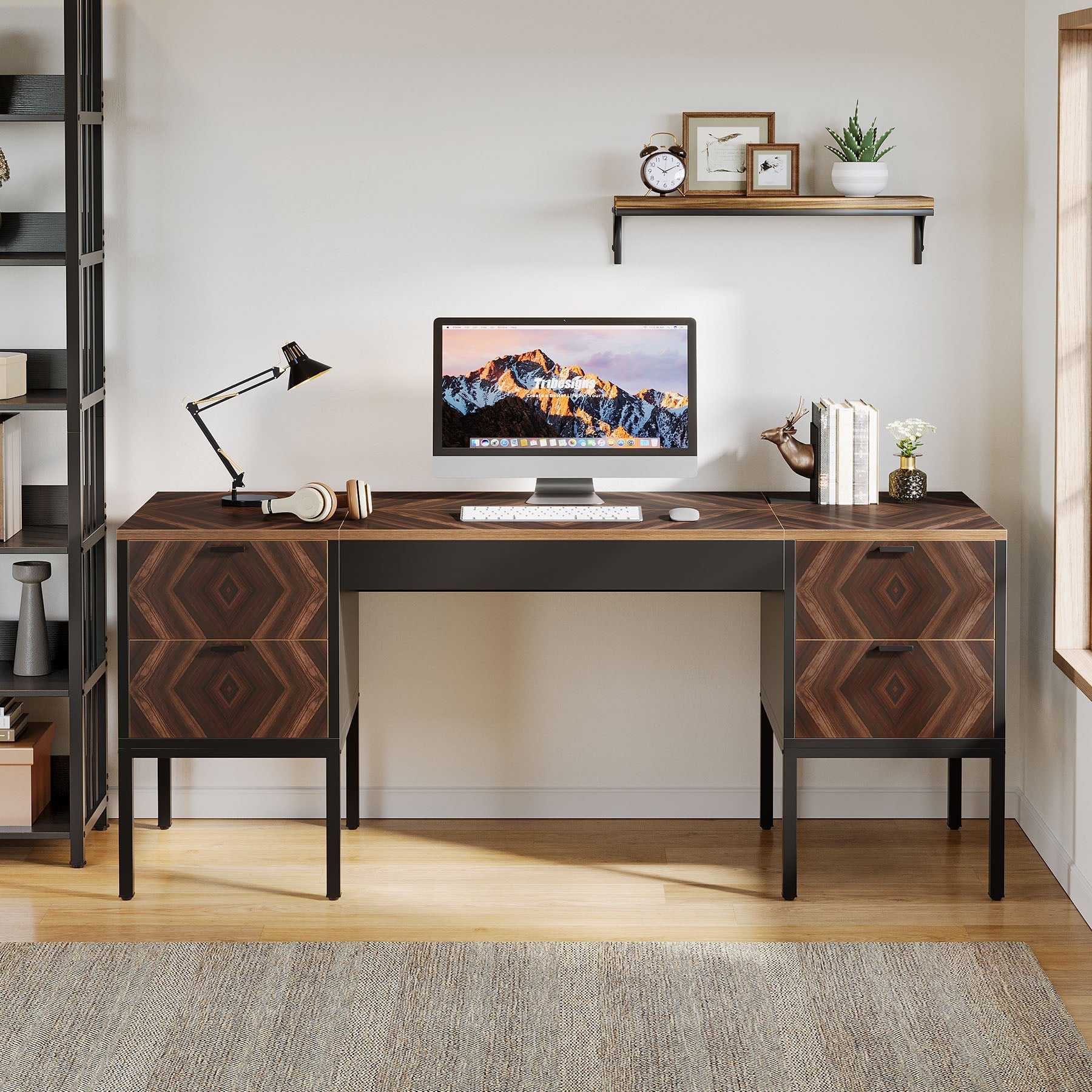 160 cm Executive Desk, Rustic Computer Office Desk with 4 Drawers