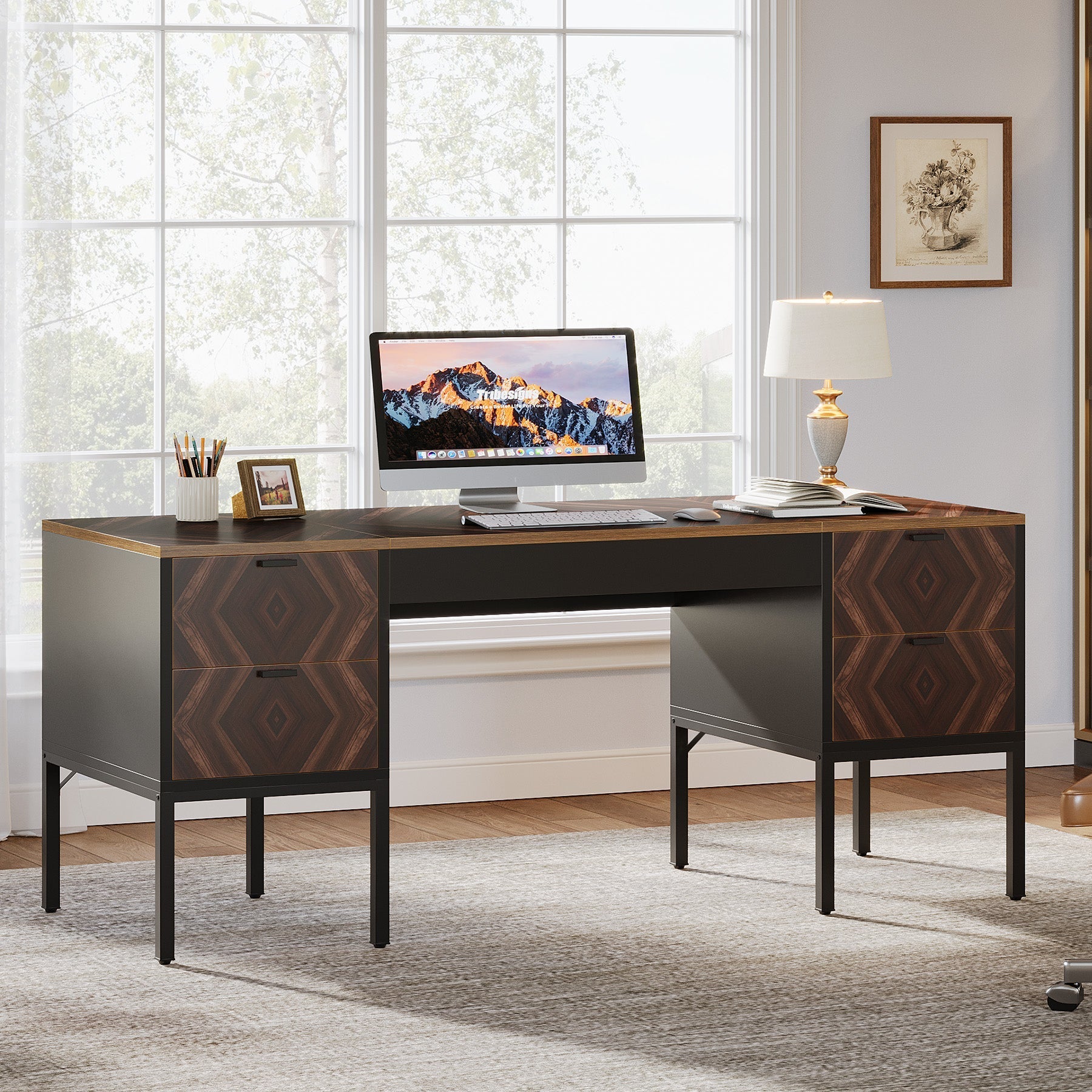 160 cm Executive Desk, Rustic Computer Office Desk with 4 Drawers