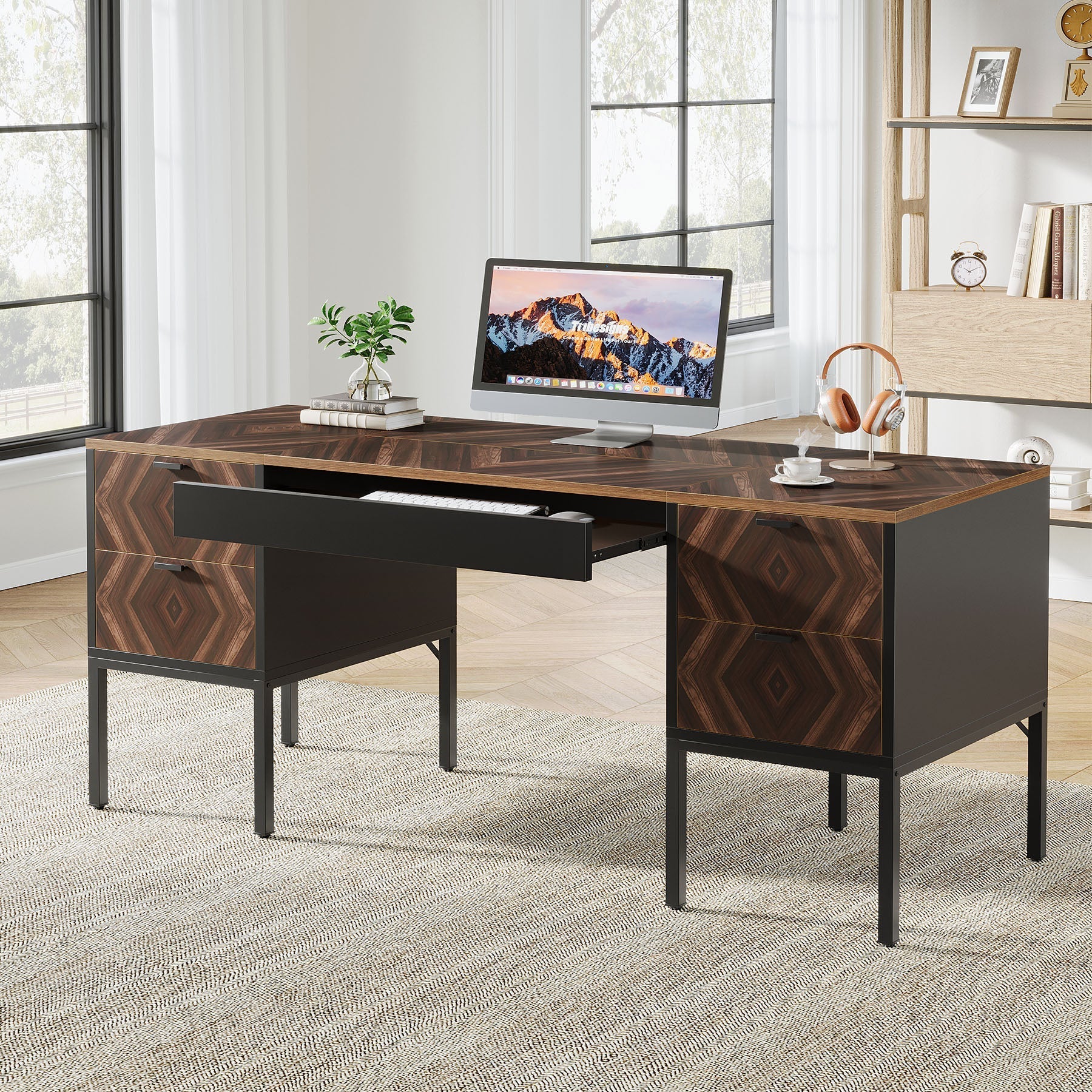 160 cm Executive Desk, Rustic Computer Office Desk with 4 Drawers