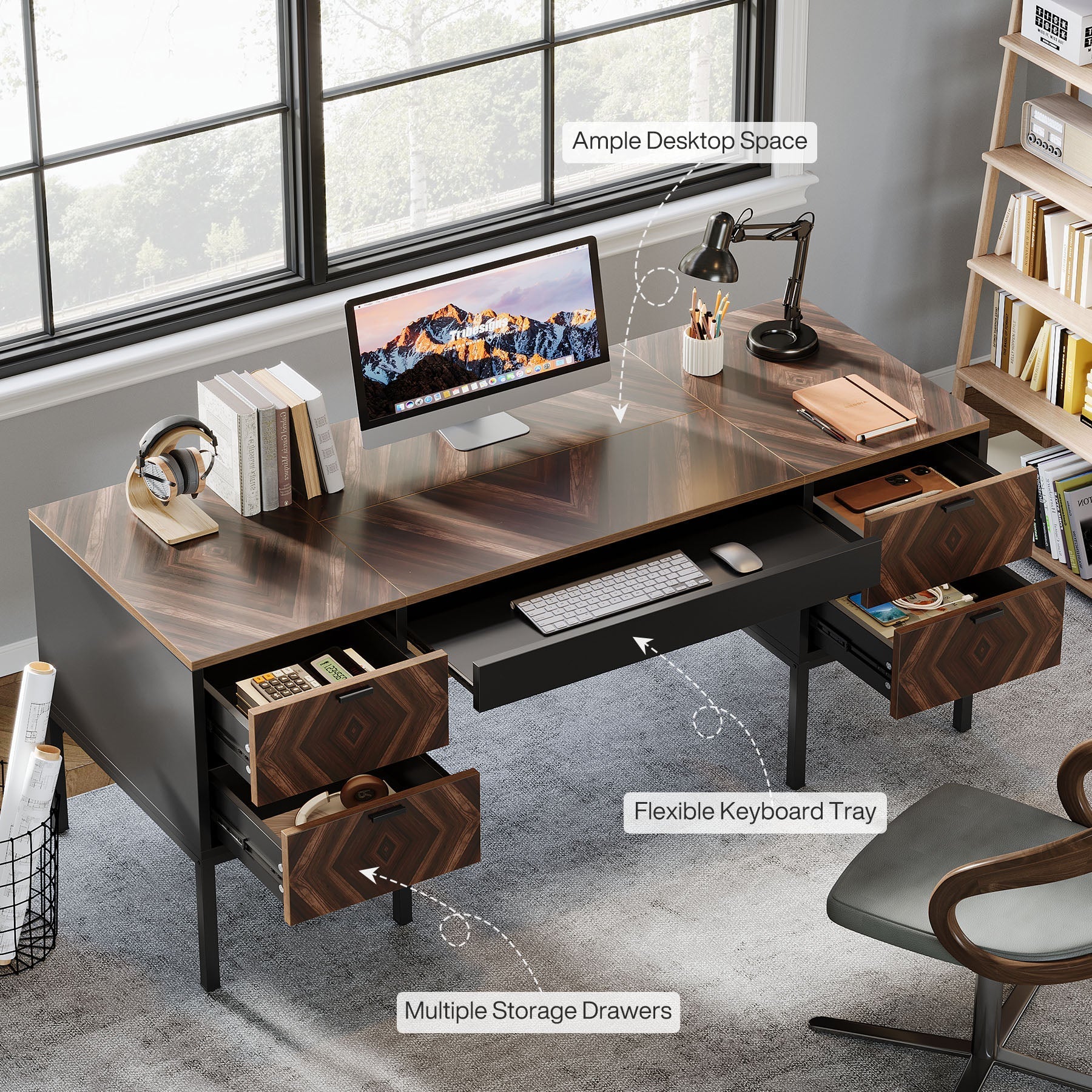 160 cm Executive Desk, Rustic Computer Office Desk with 4 Drawers