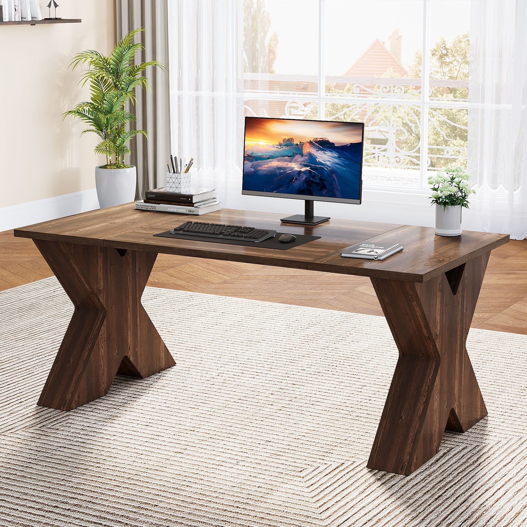 160 cm Executive Desk, Wood Computer Desk with X-Shaped Pedestal Base