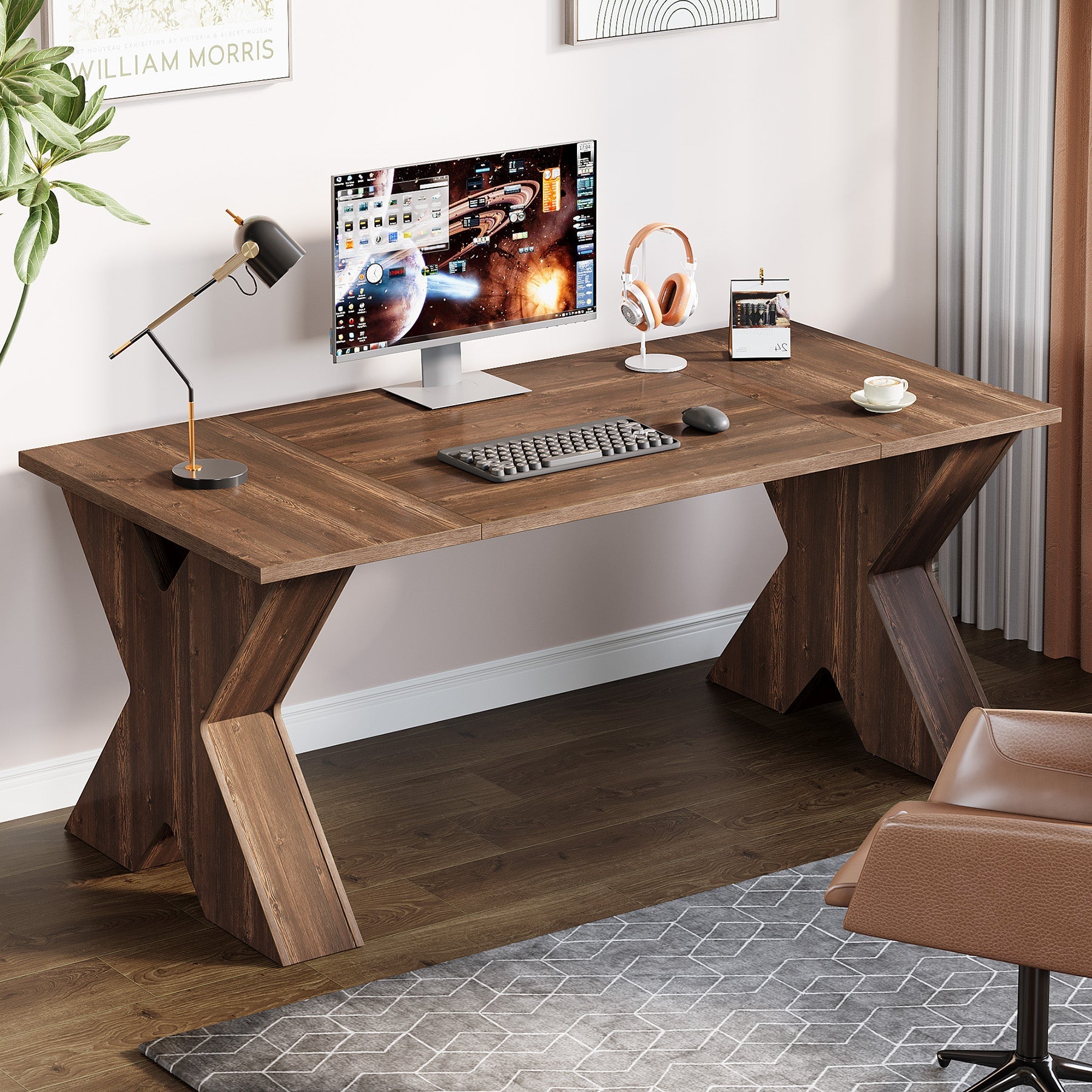 160 cm Executive Desk, Wood Computer Desk with X-Shaped Pedestal Base