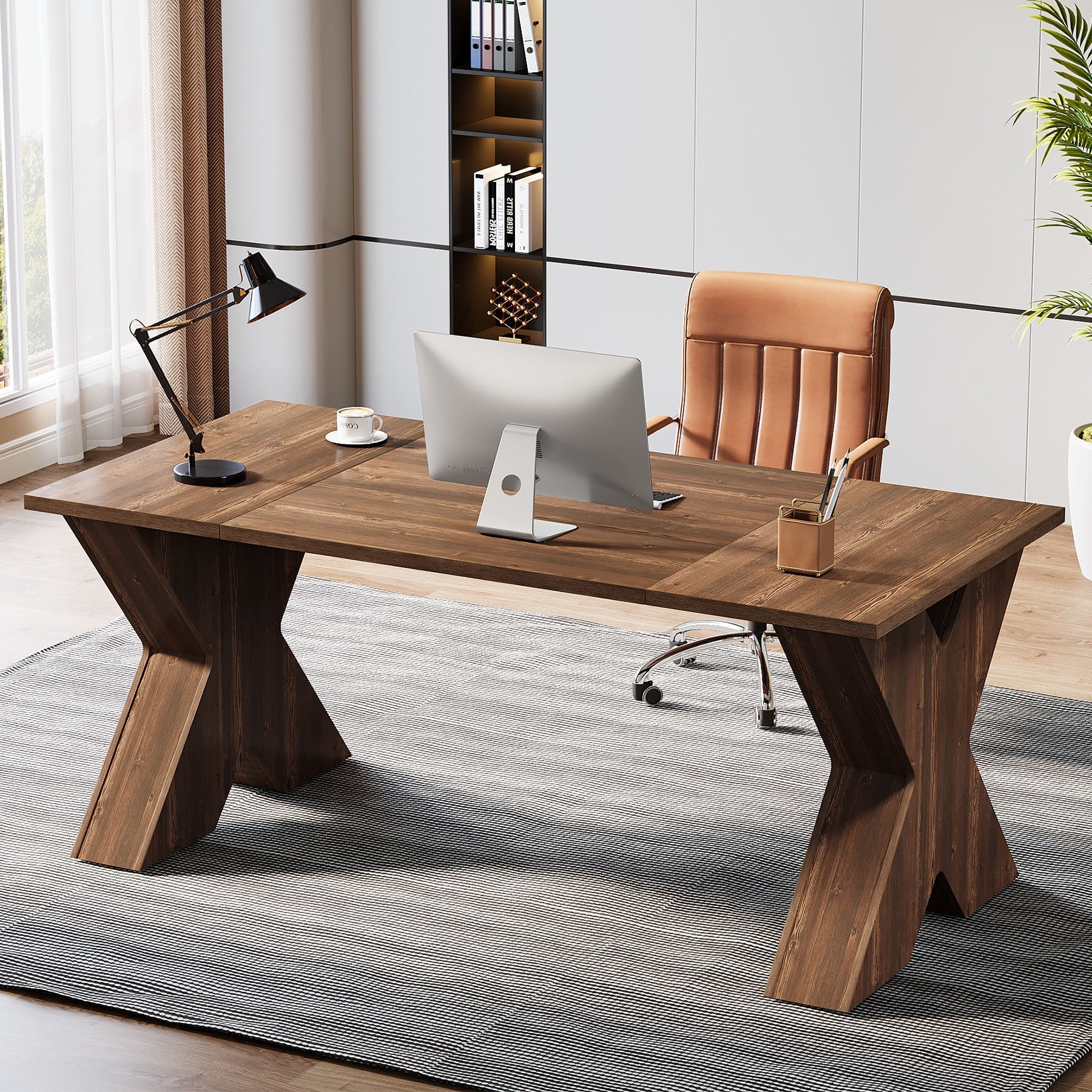 160 cm Executive Desk, Wood Computer Desk with X-Shaped Pedestal Base