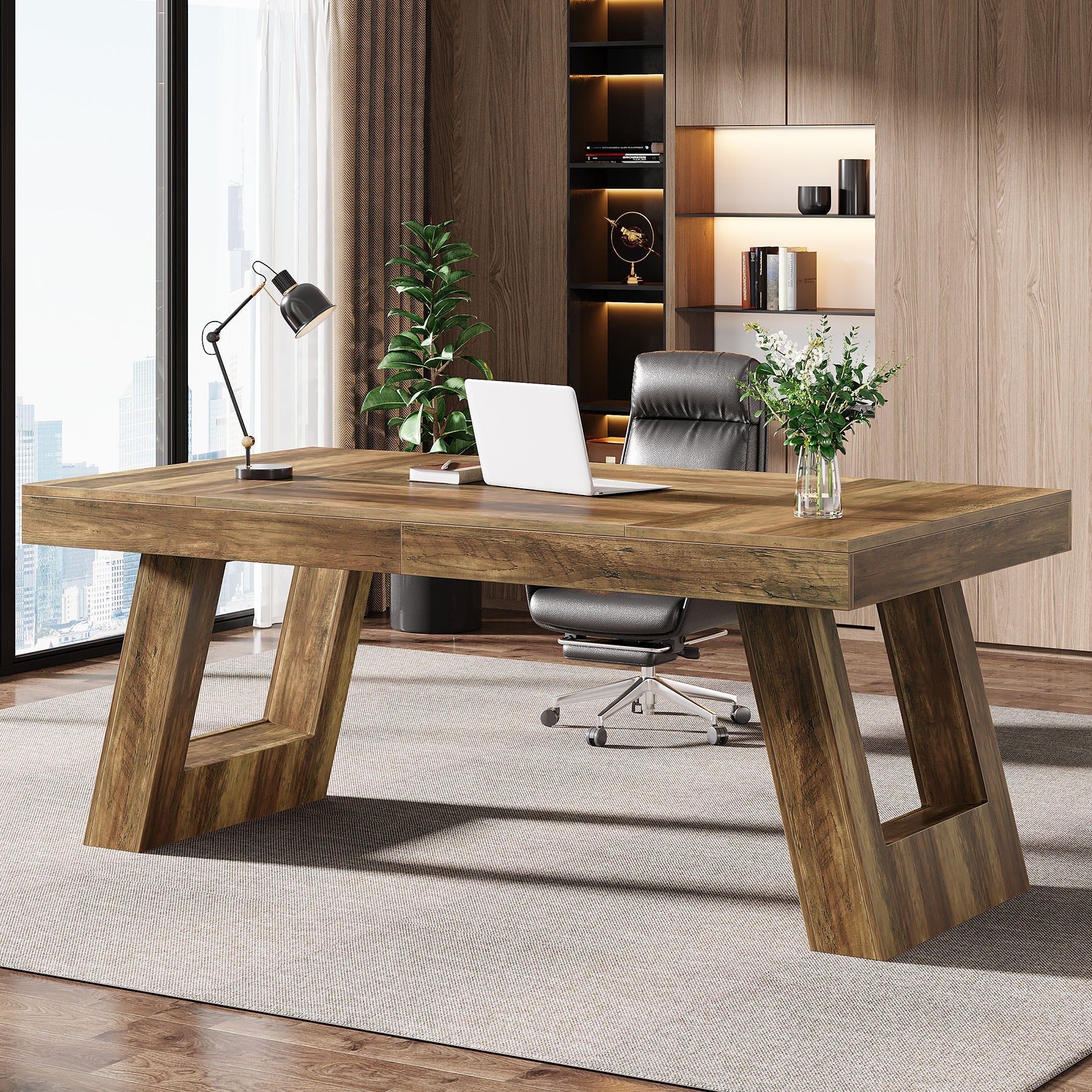 160 cm Executive Desk, Wood Office Desk Computer Desk with Double Pedestal