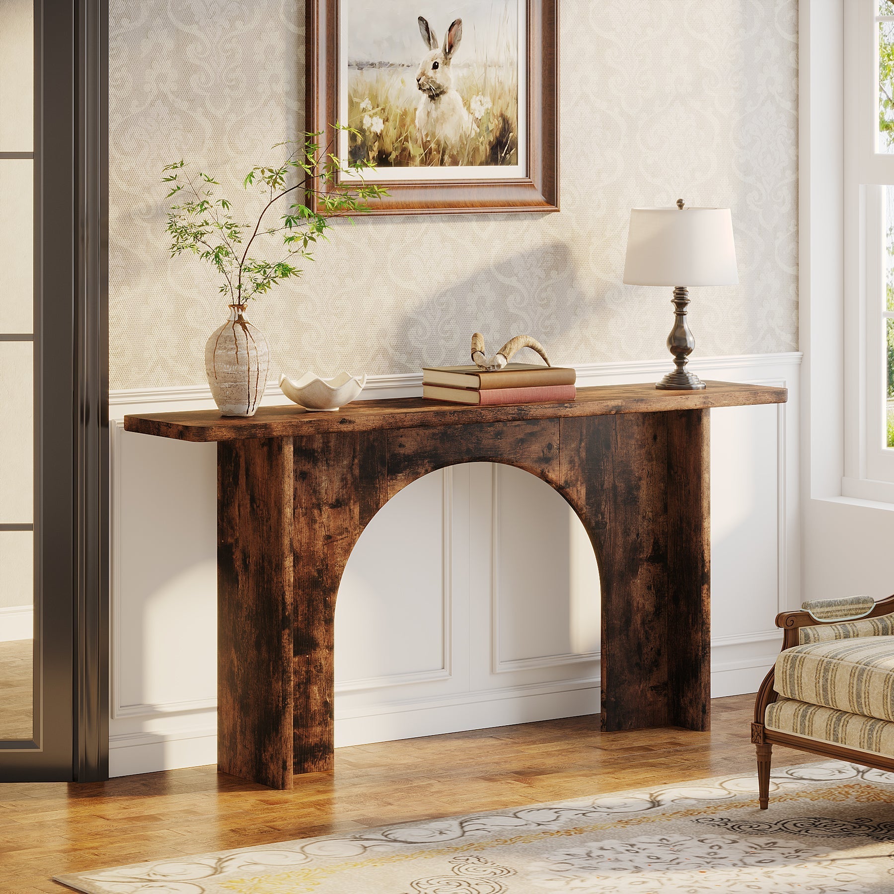 160 cm Console Table, Wood Farmhouse Entryway Table with Arch Brace