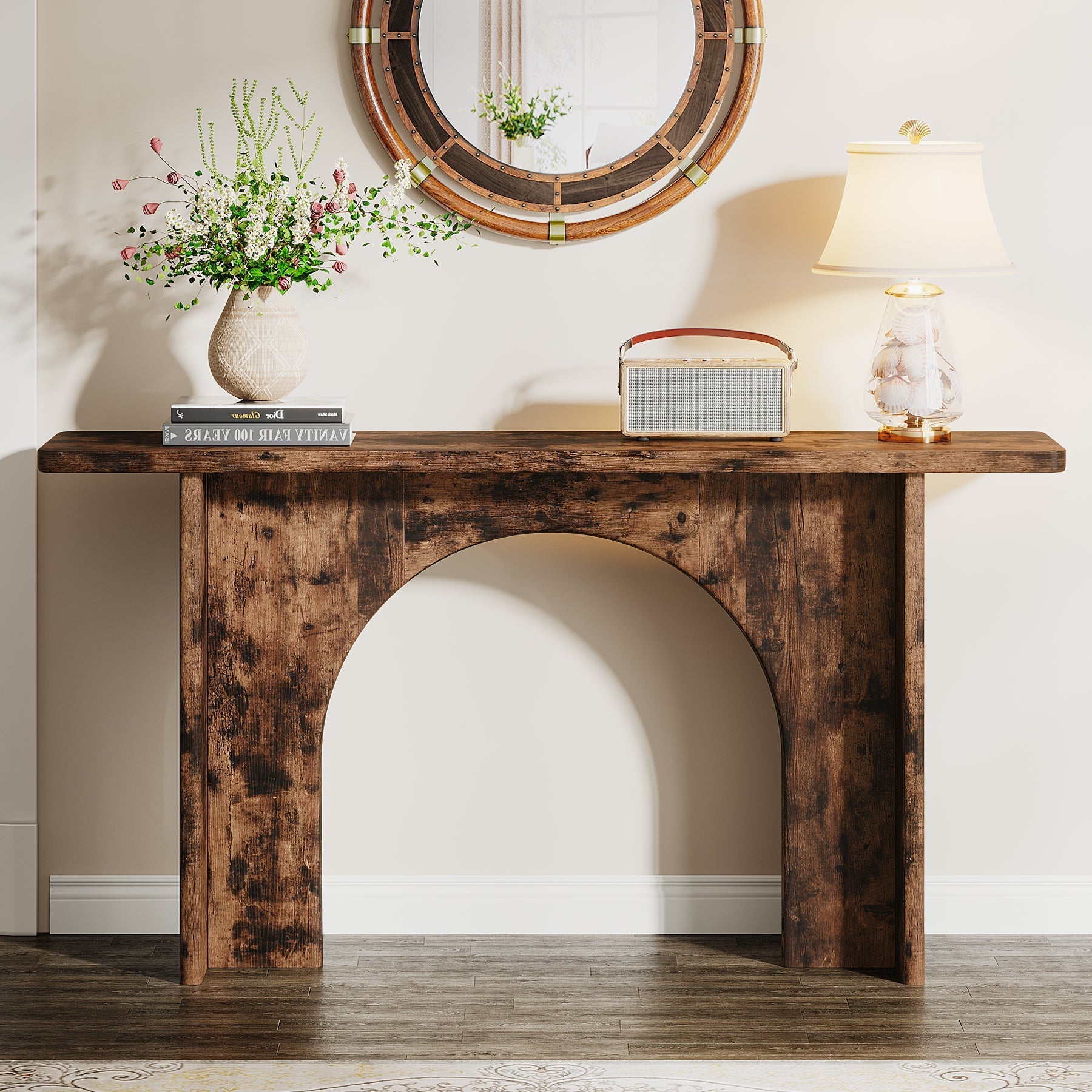 160 cm Console Table, Wood Farmhouse Entryway Table with Arch Brace