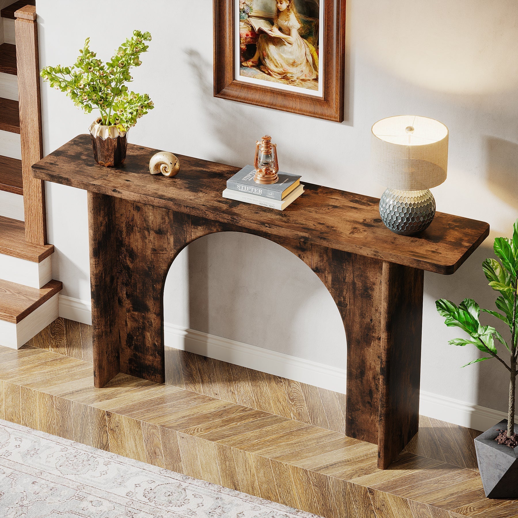 160 cm Console Table, Wood Farmhouse Entryway Table with Arch Brace