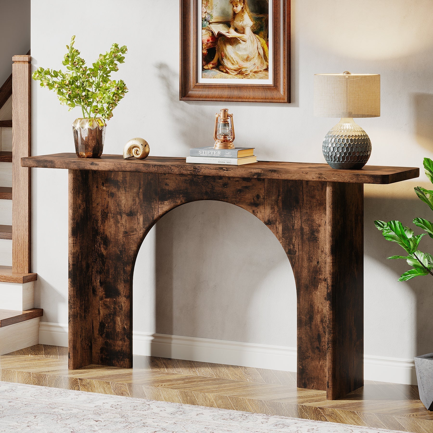 160 cm Console Table, Wood Farmhouse Entryway Table with Arch Brace