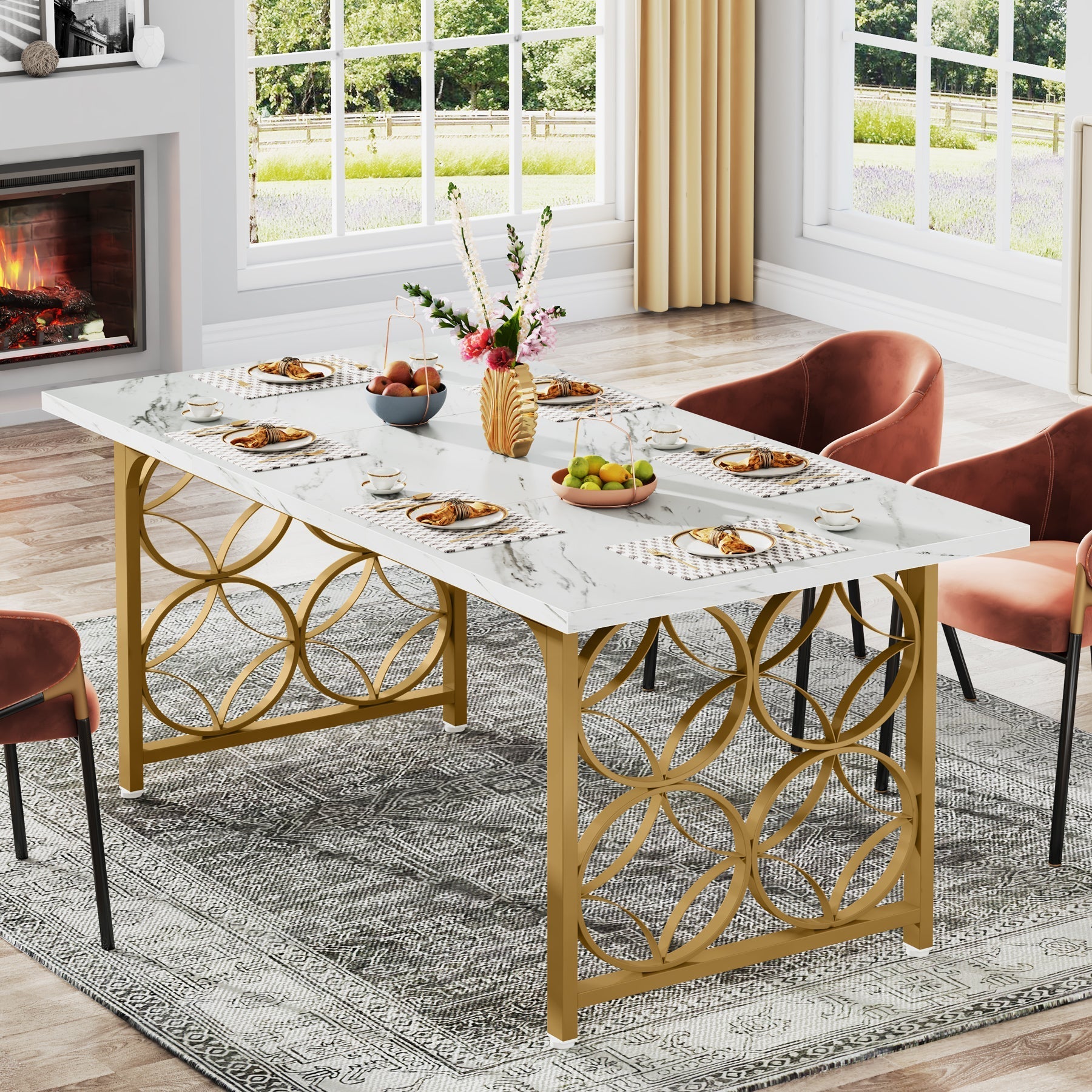 160 cm Dining Table, Modern Faux Marble Kitchen Table for 6 People