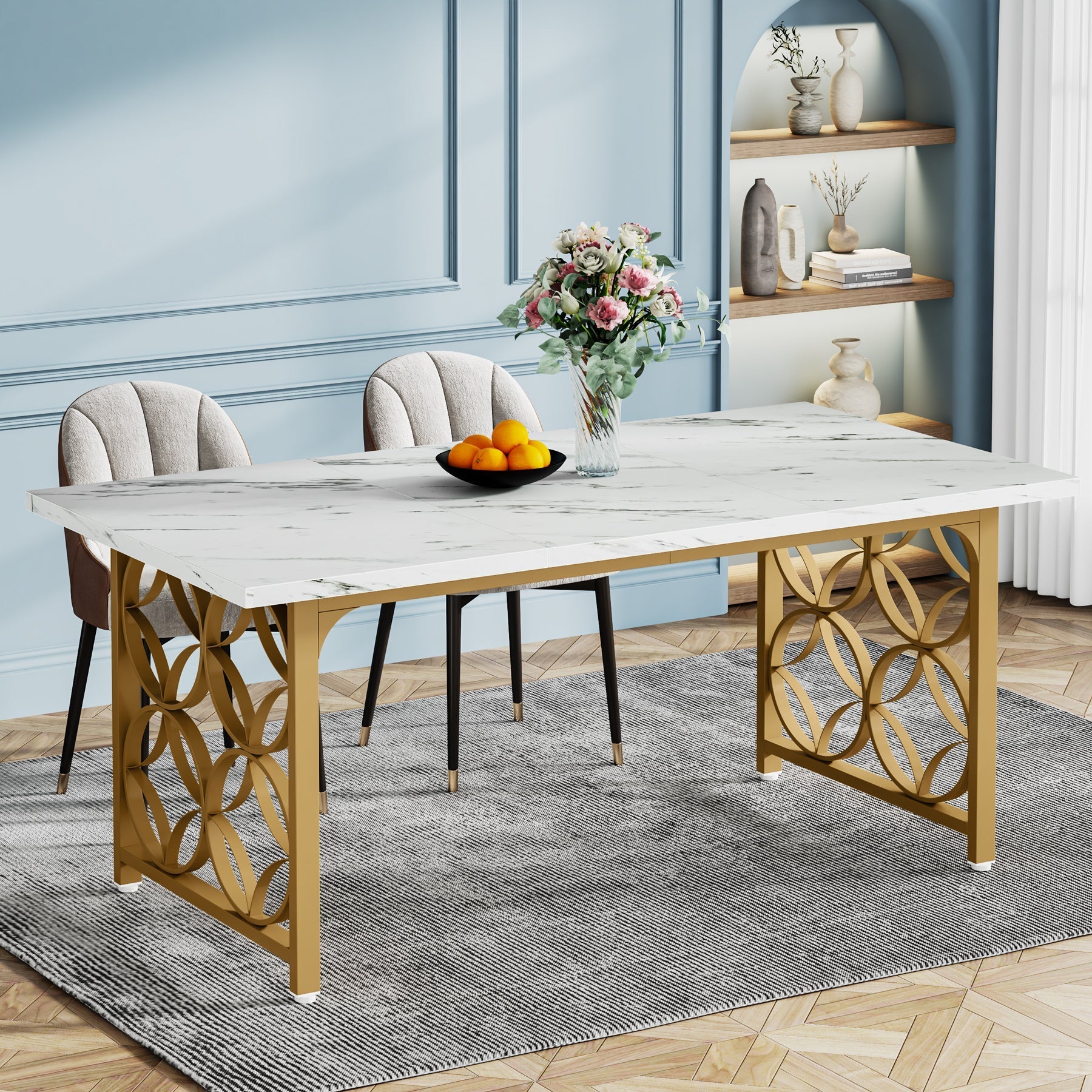 160 cm Dining Table, Modern Faux Marble Kitchen Table for 6 People