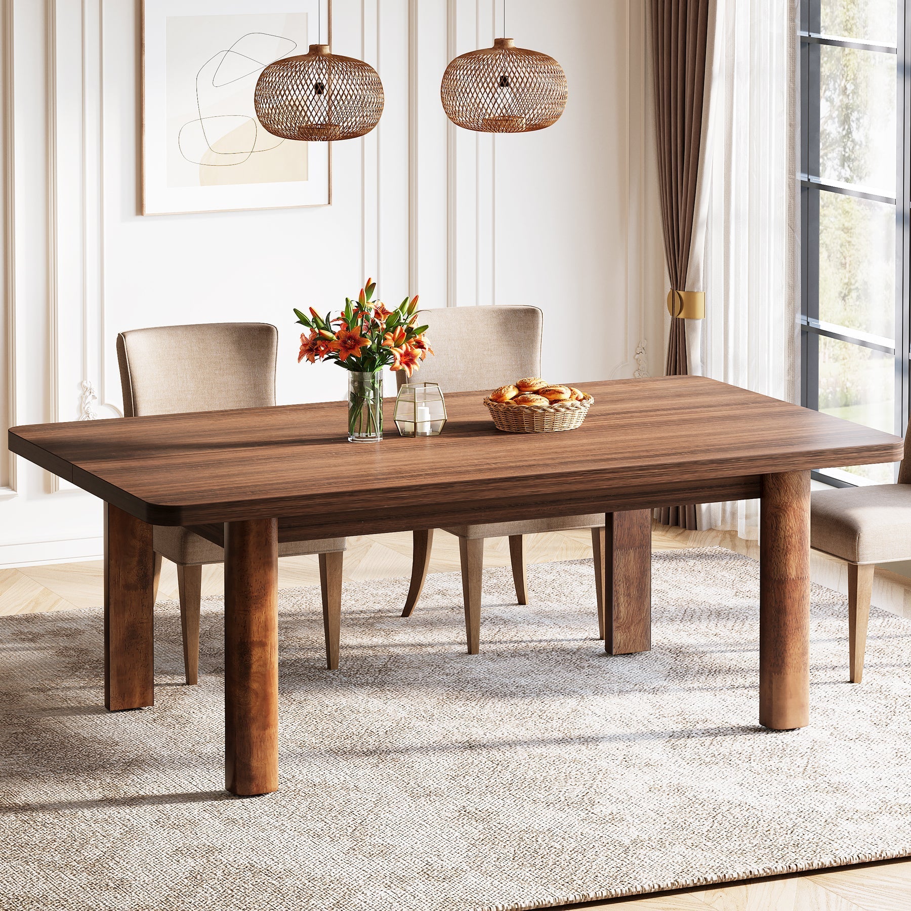 160 cm Dining Table, Wood Farmhouse Kitchen Table for 4-6