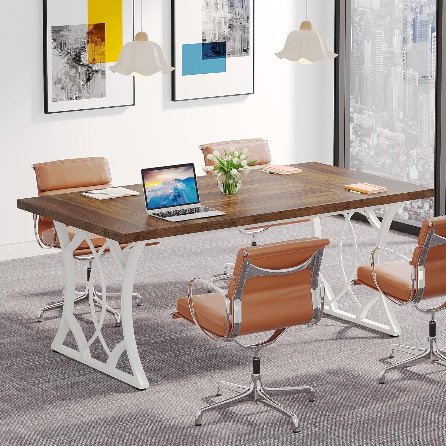 160 cm Executive Desk, Industrial Computer Desk with Wooden Tabletop