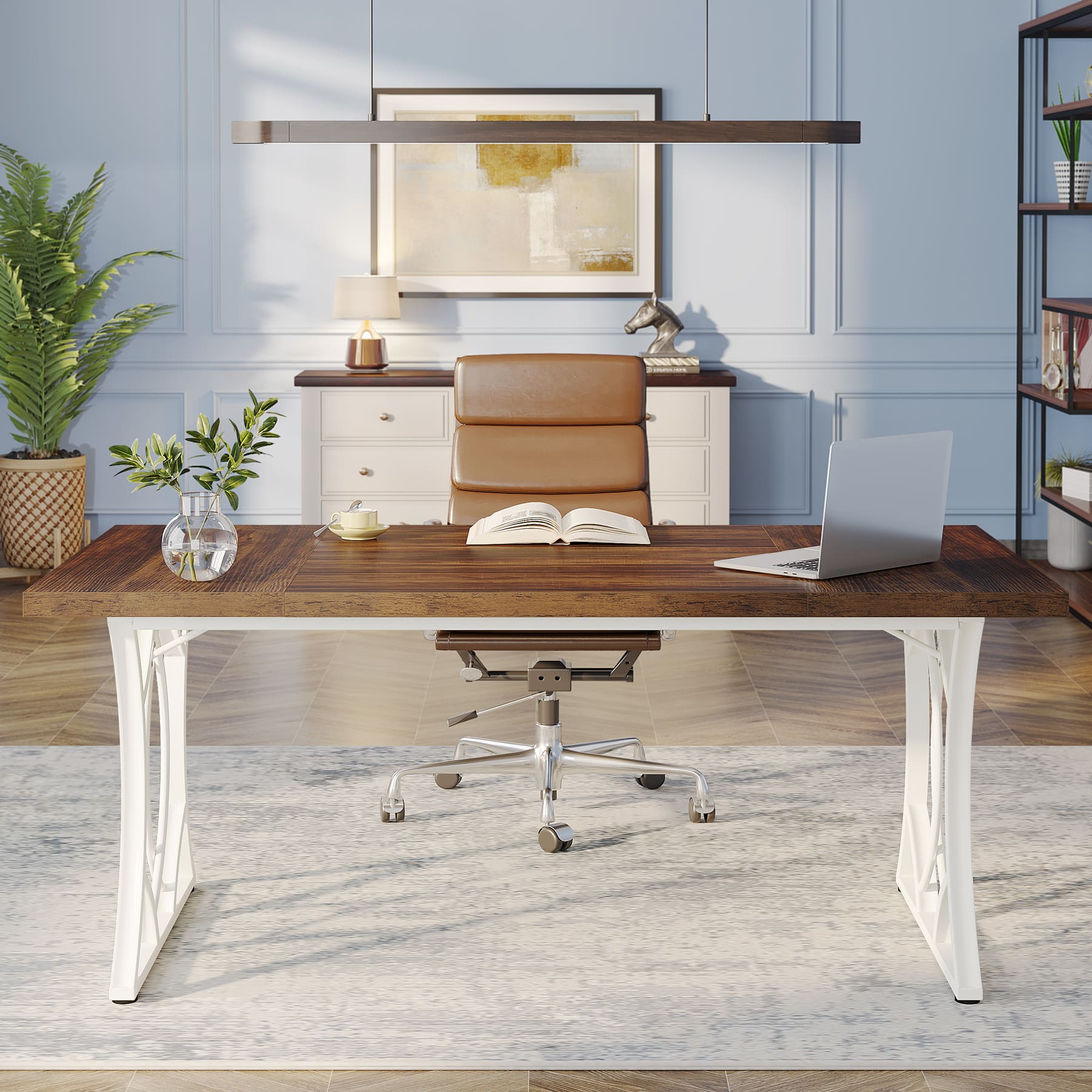 160 cm Executive Desk, Industrial Computer Desk with Wooden Tabletop