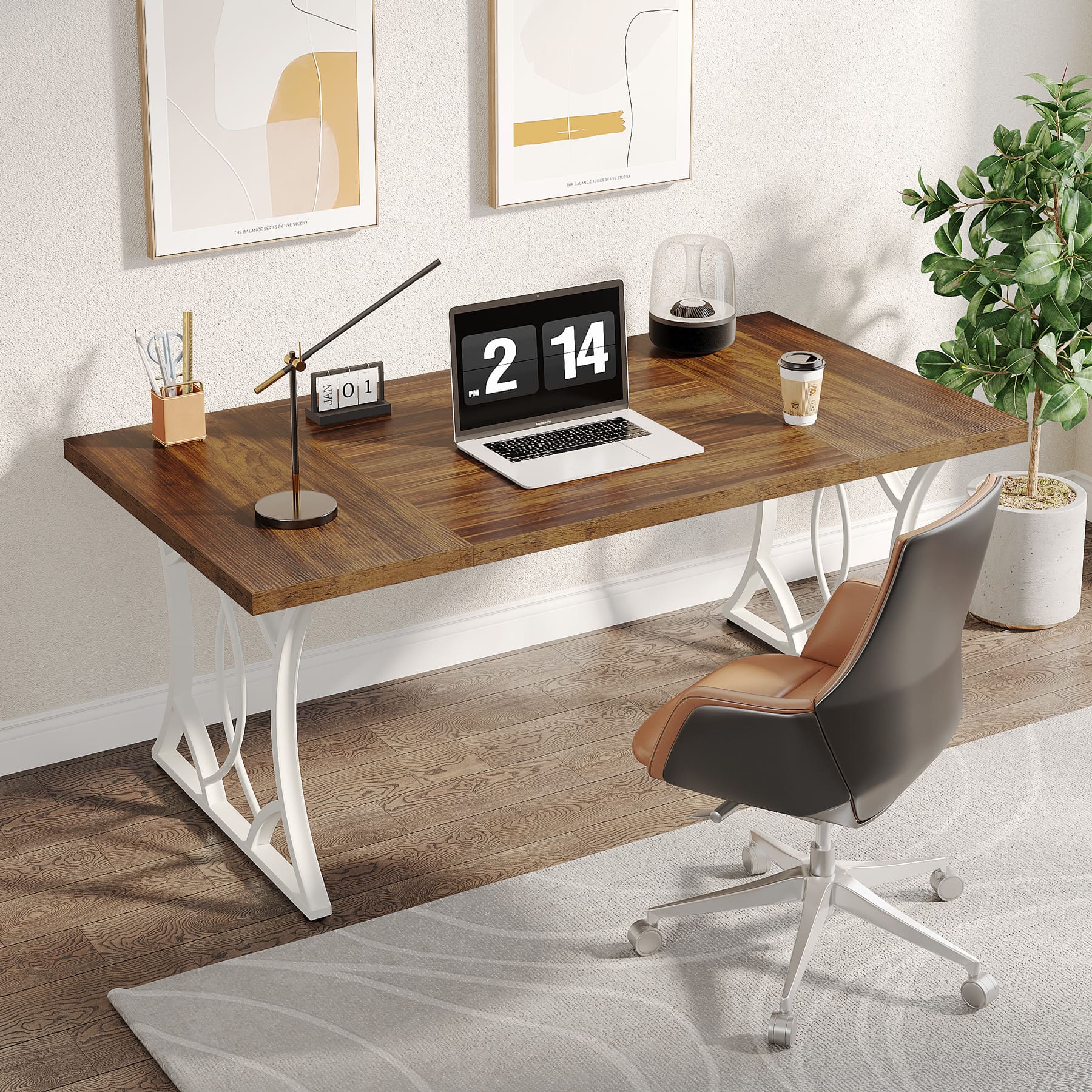 160 cm Executive Desk, Industrial Computer Desk with Wooden Tabletop