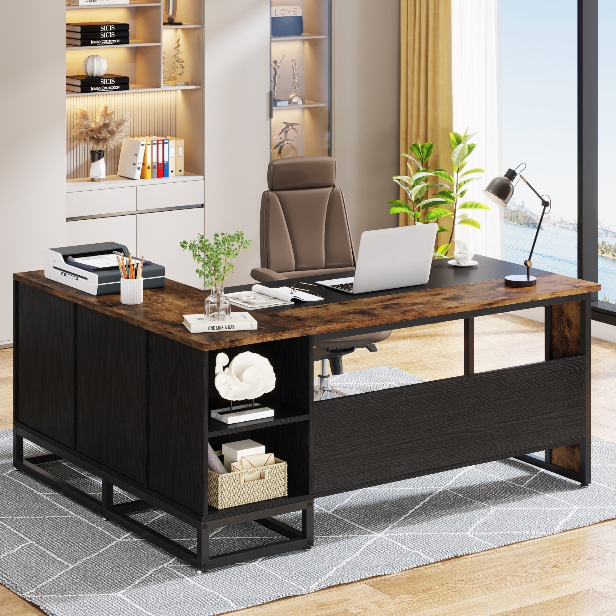 160 cm L-Shaped Desk, Large Executive Business Desk with Drawers and Shelves