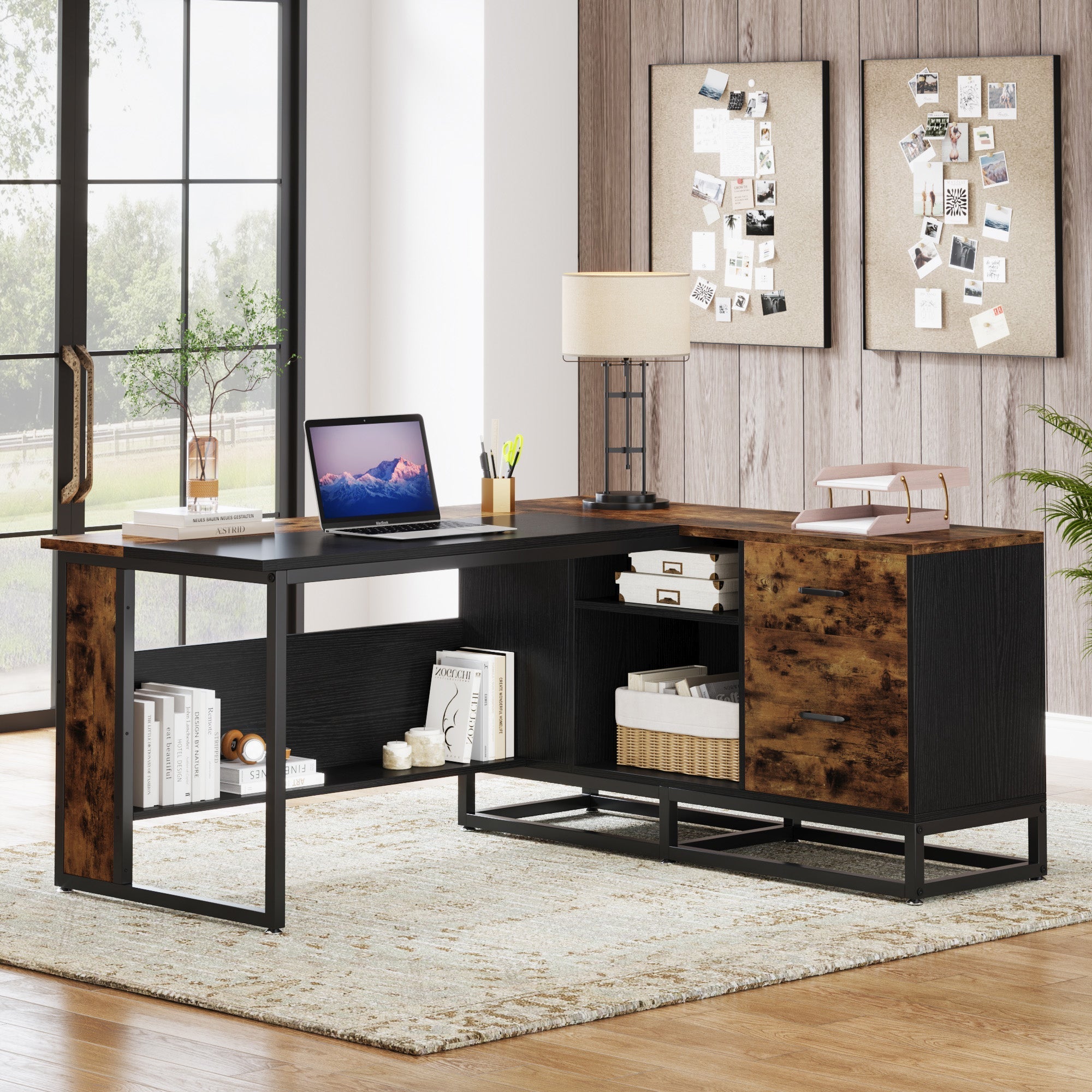 160 cm L-Shaped Desk, Large Executive Business Desk with Drawers and Shelves